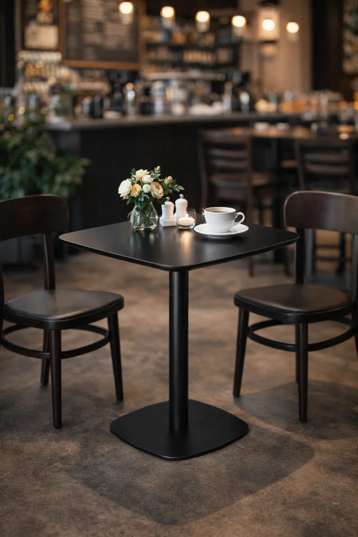 Modern Black Square Bistro Table 70cm Wood Top Metal Pedestal Base for Cafe Kitchen Dining Room