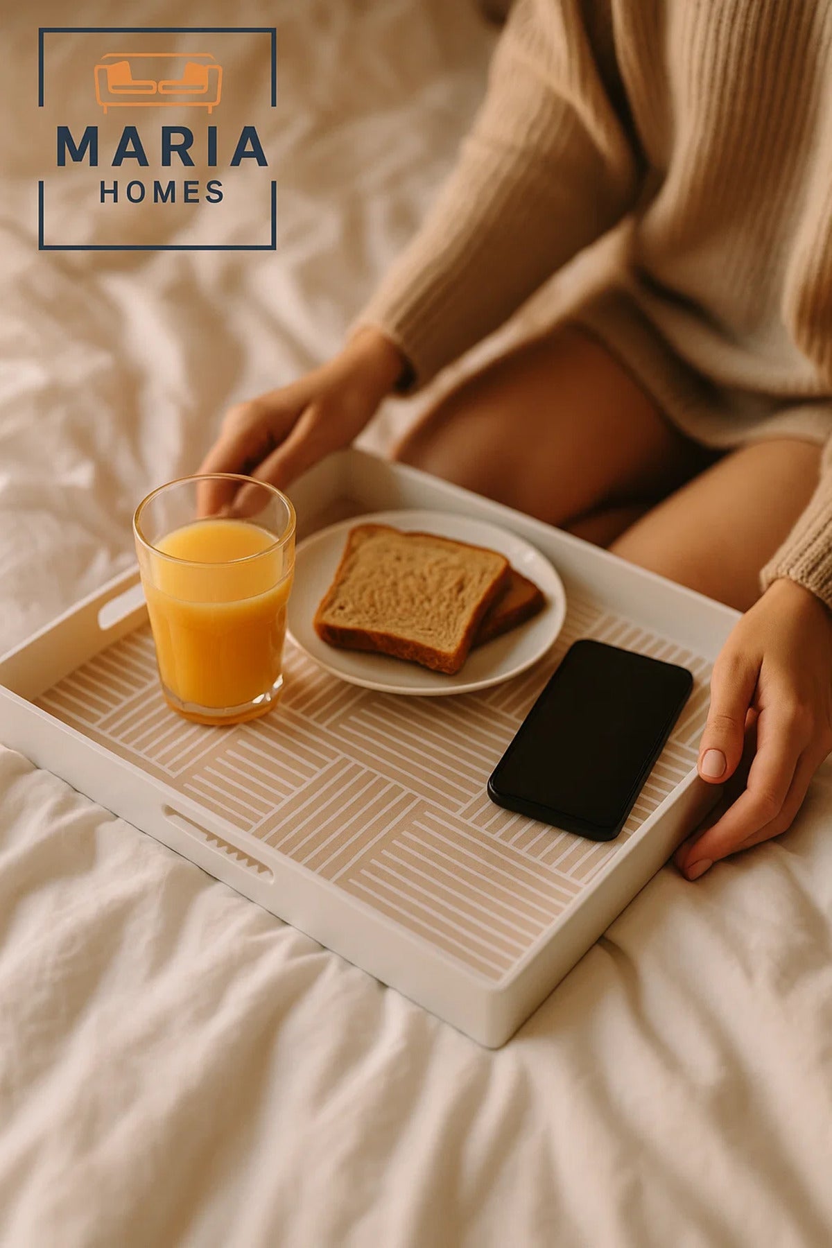 Square Plastic Serving Tray with Neutral Linear Block Pattern Ð White Frame