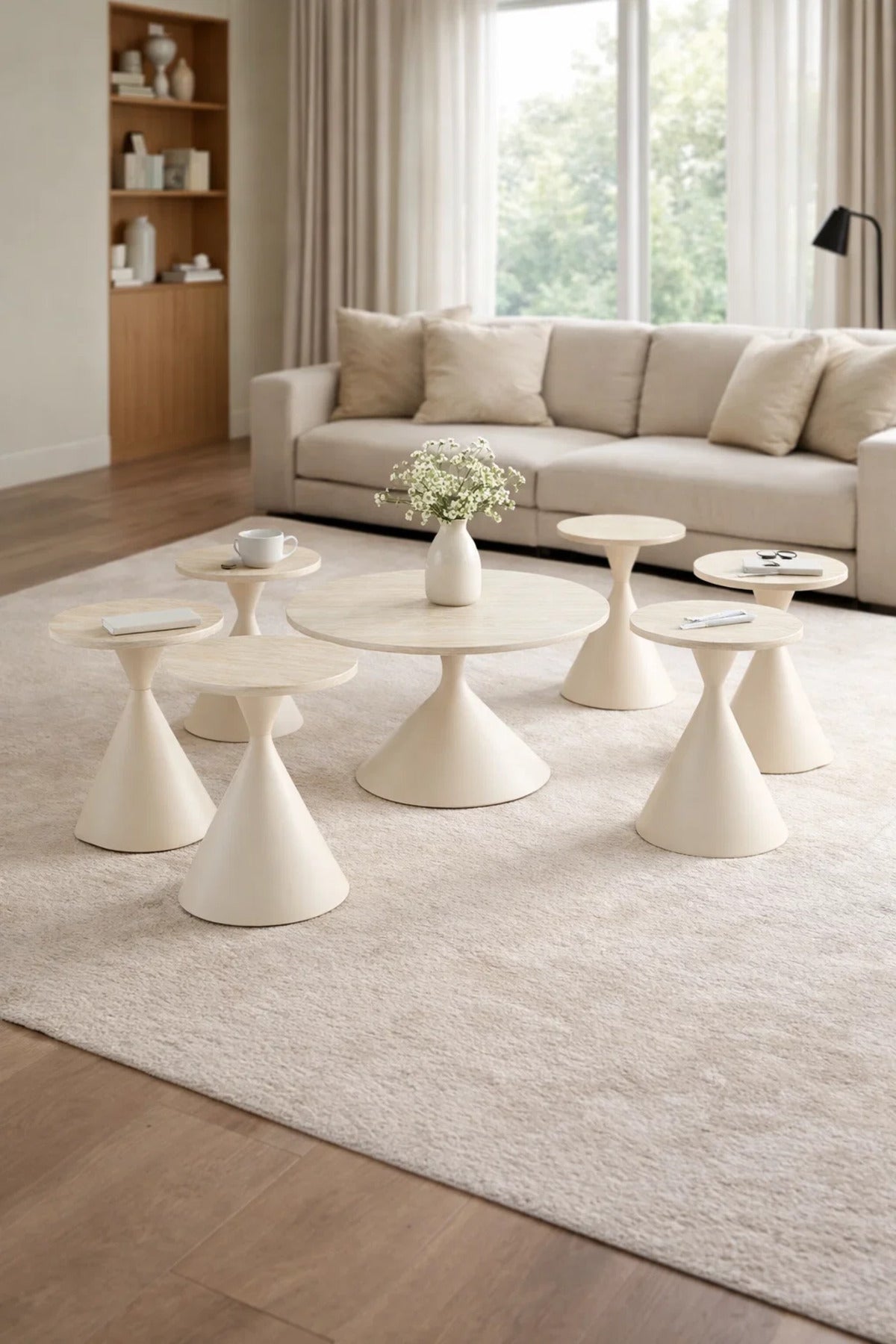 Modern Beige Round Coffee Table Set 1+6 √ê 7 Piece Cone Base Living Room Set