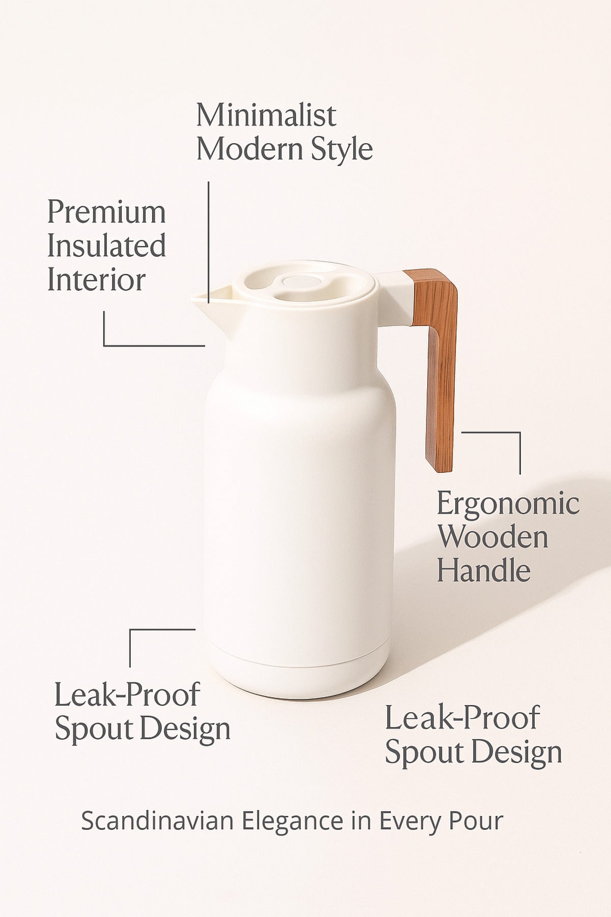 White Thermal Flask with Wooden Handle √ê Modern Insulated Coffee and Tea Jug