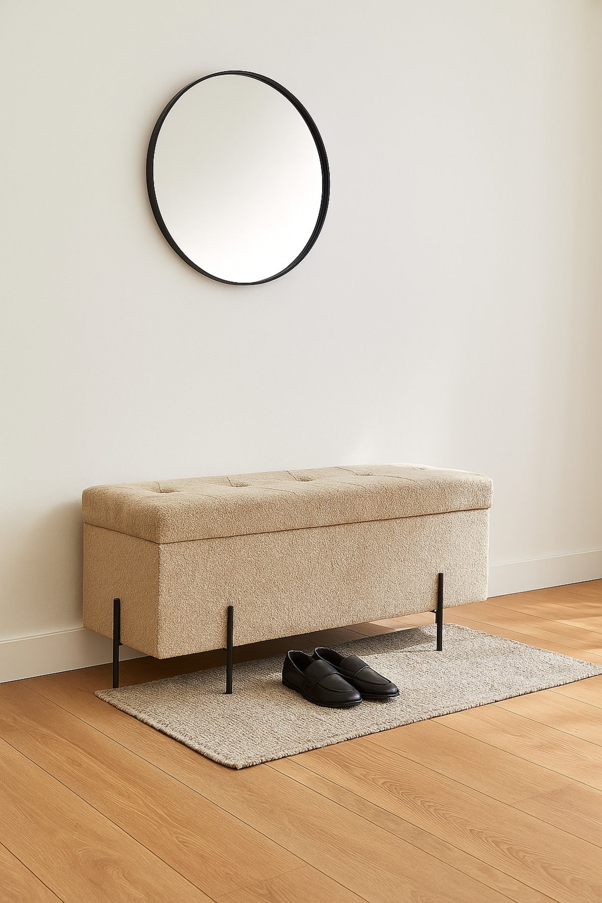 Storage Bench with Tufted Seat & Black Metal Legs Ð Modern Ottoman 110_43_49 cm