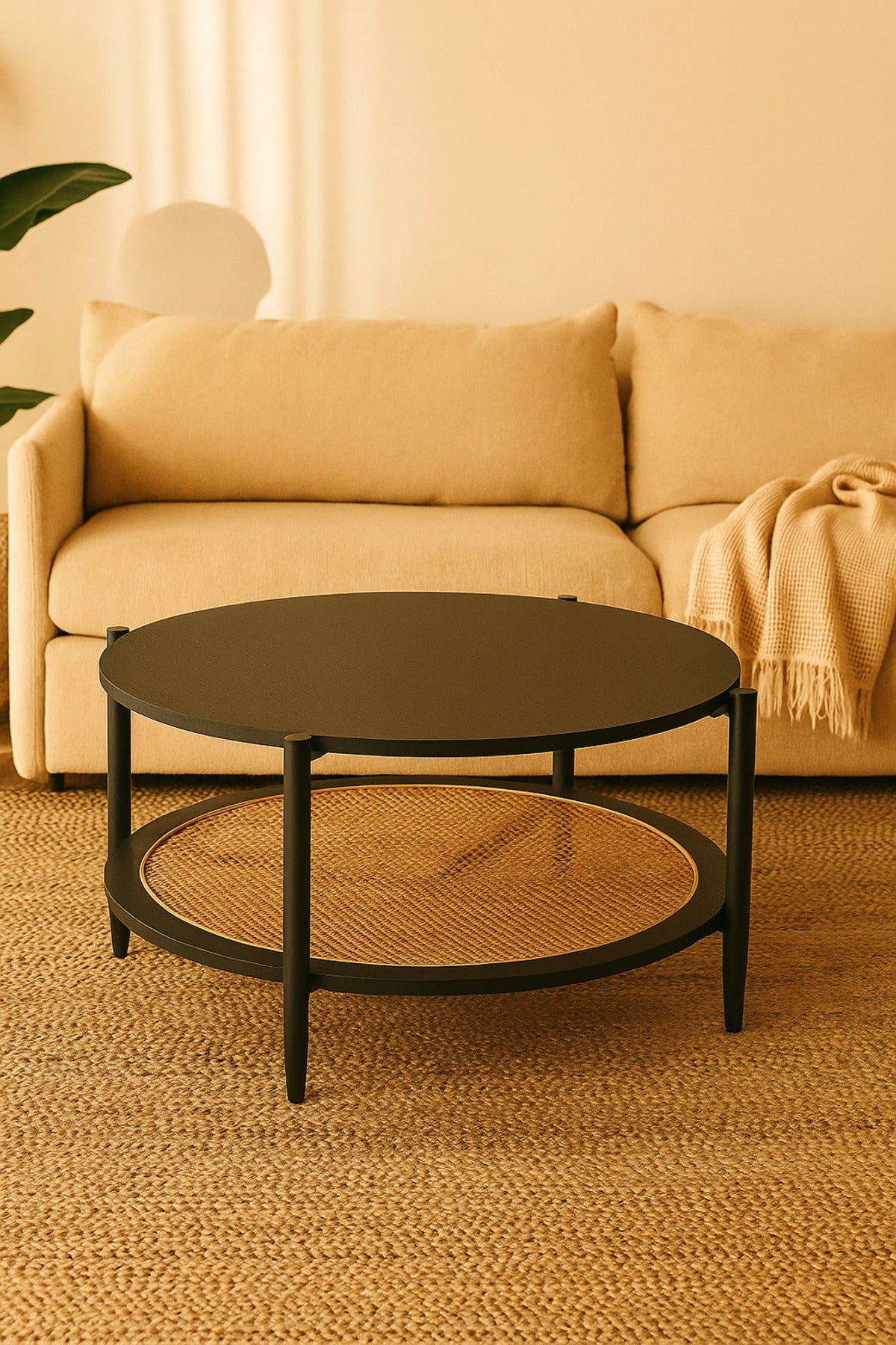 Round Black Coffee Table with Rattan Shelf Ð Modern Wooden Center Table for Living Room 100_45 cm