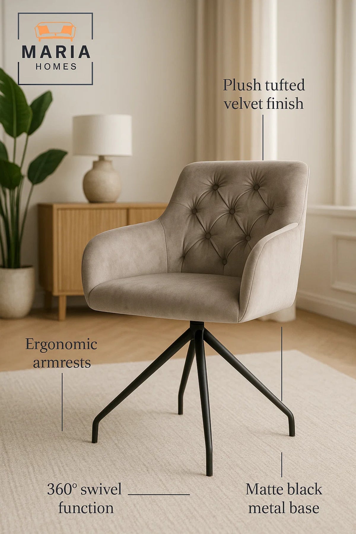 Velvet Upholstered Swivel Accent Chair Ð Beige with Tufted Backrest