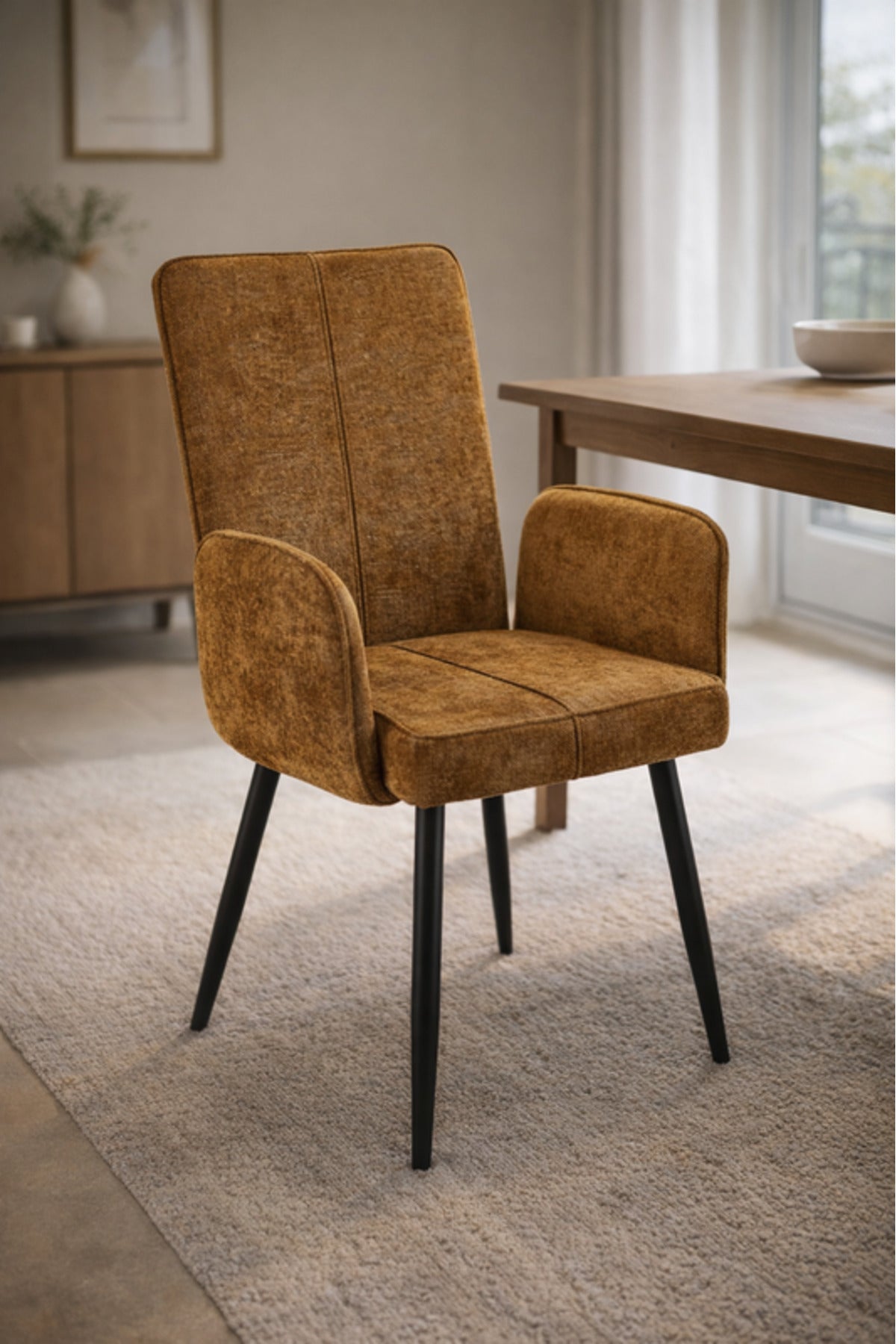 Dark Yellow Upholstered Dining Chair with Armrests and Metal Legs 96x49x46cm dark