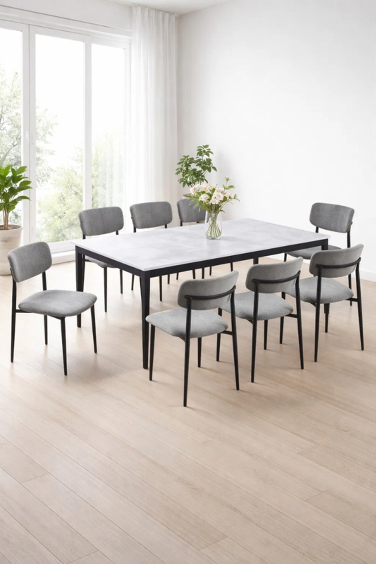 Modern Marble Top Dining Table Set with 8 Upholstered Chairs 180x100x75cm modern marble