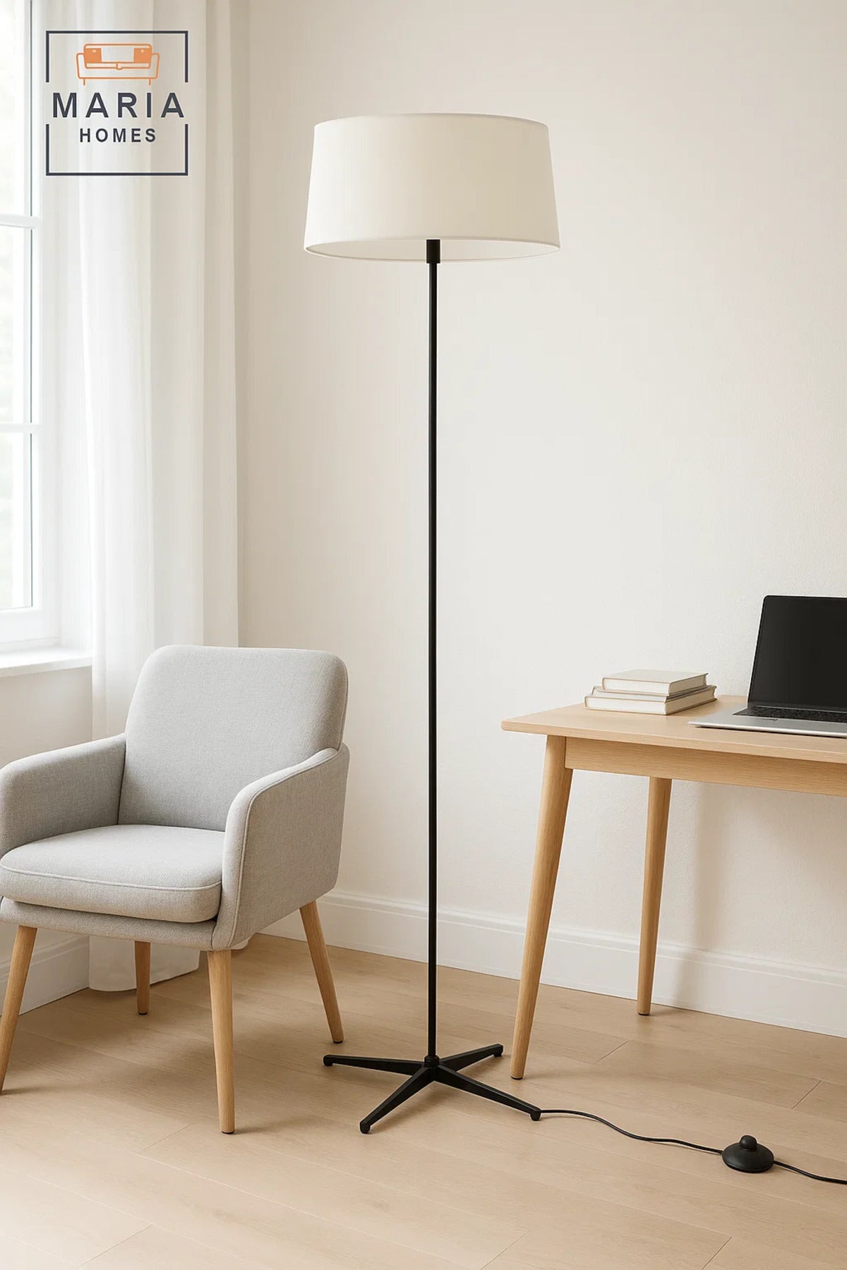 Slim Tripod Floor Lamp with White Drum Shade