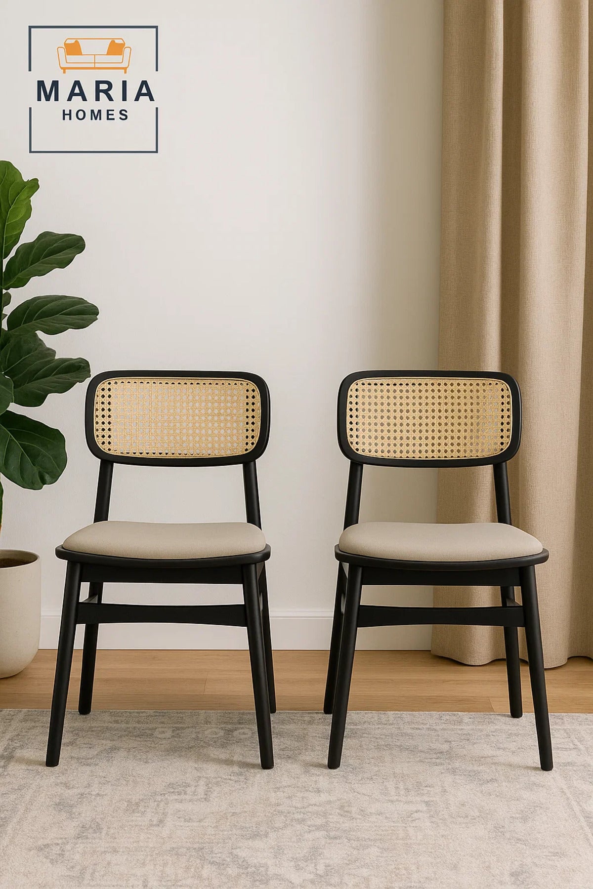 Black Wooden Chair with Rattan Backrest and Padded Beige Seat Ð Modern Cane Dining Chair