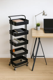 5-Layer Black Metal Storage Trolley with Wheels Ð Tall Multi-Purpose Rolling Organizer Cart