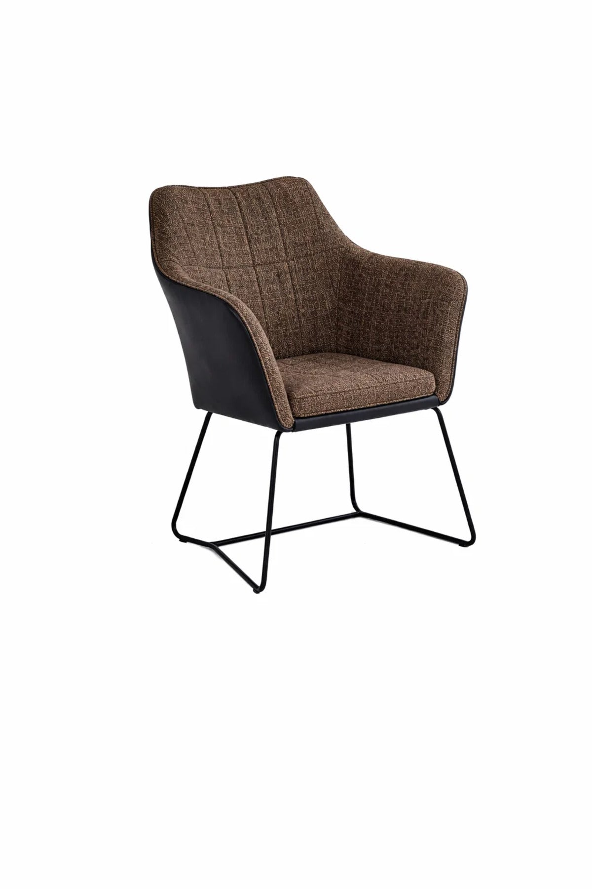 Modern Industrial Brown Fabric Dining Chair with Black Faux Leather Back and Metal Sled Base Legs