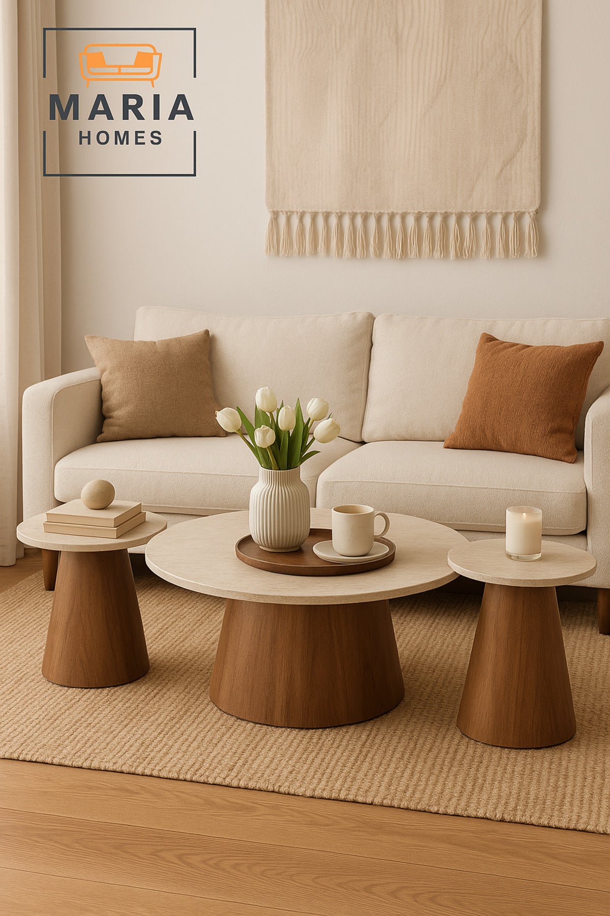3-Piece Coffee Table Set Ð Beige Laminate Top with Brown Wooden Base (1 Large + 2 Small)