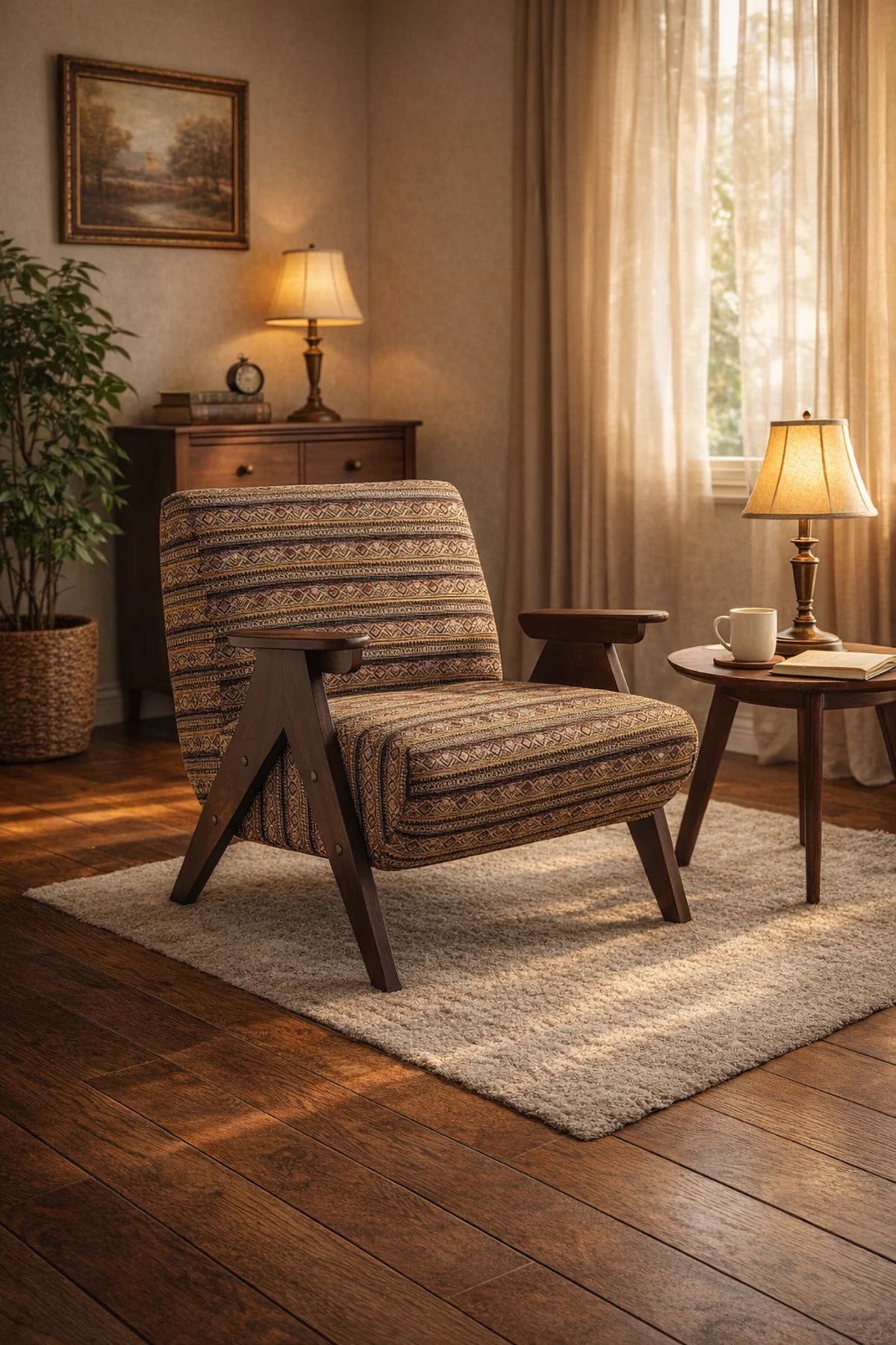 Elegant Wooden Armchair with Bohemian Patterned Fabric for Living Room and Office Interiors