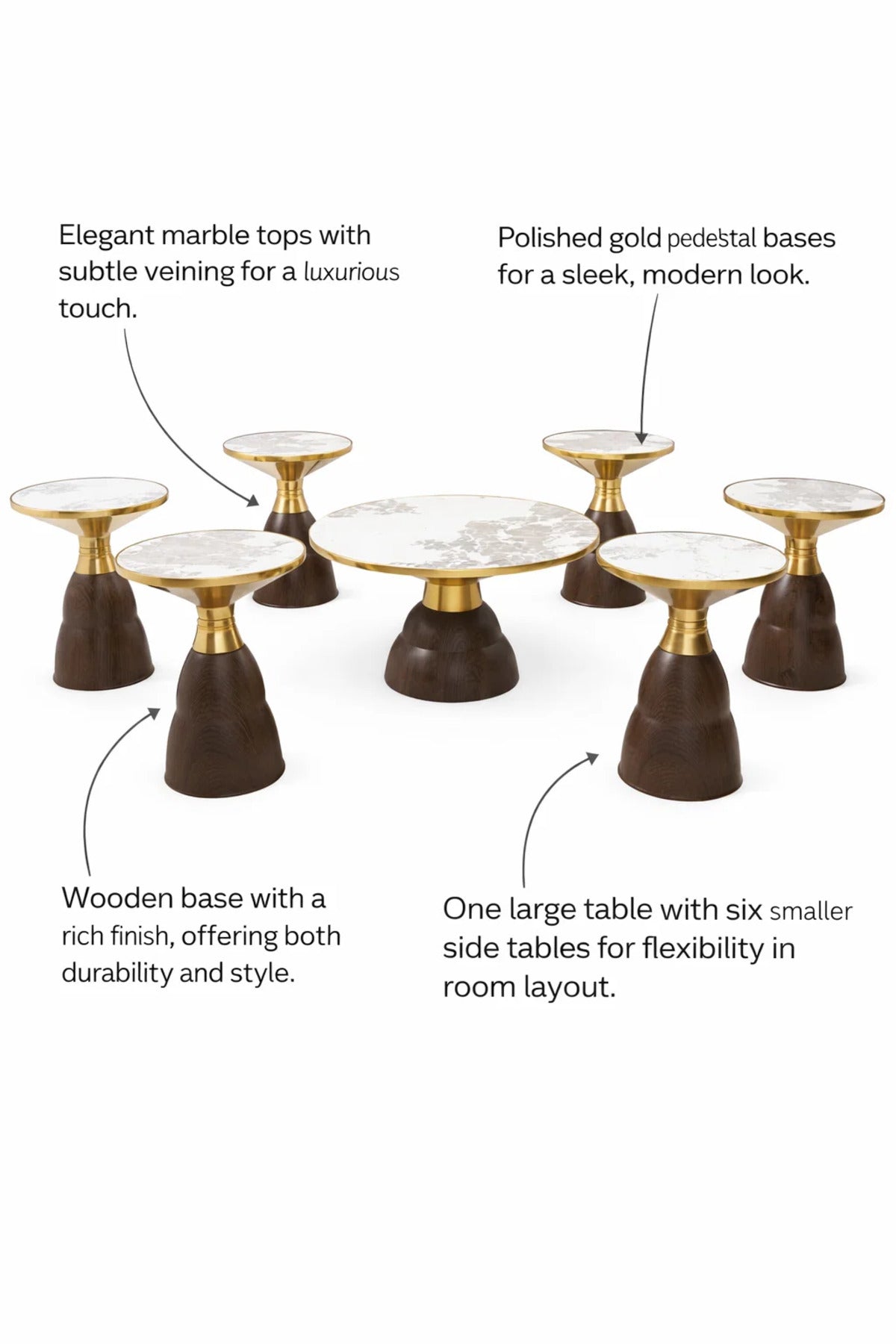 Modern 1+6 Center Table Set Marble Pattern Top Gold Detail Dark Wood Base for Elegant Salons
