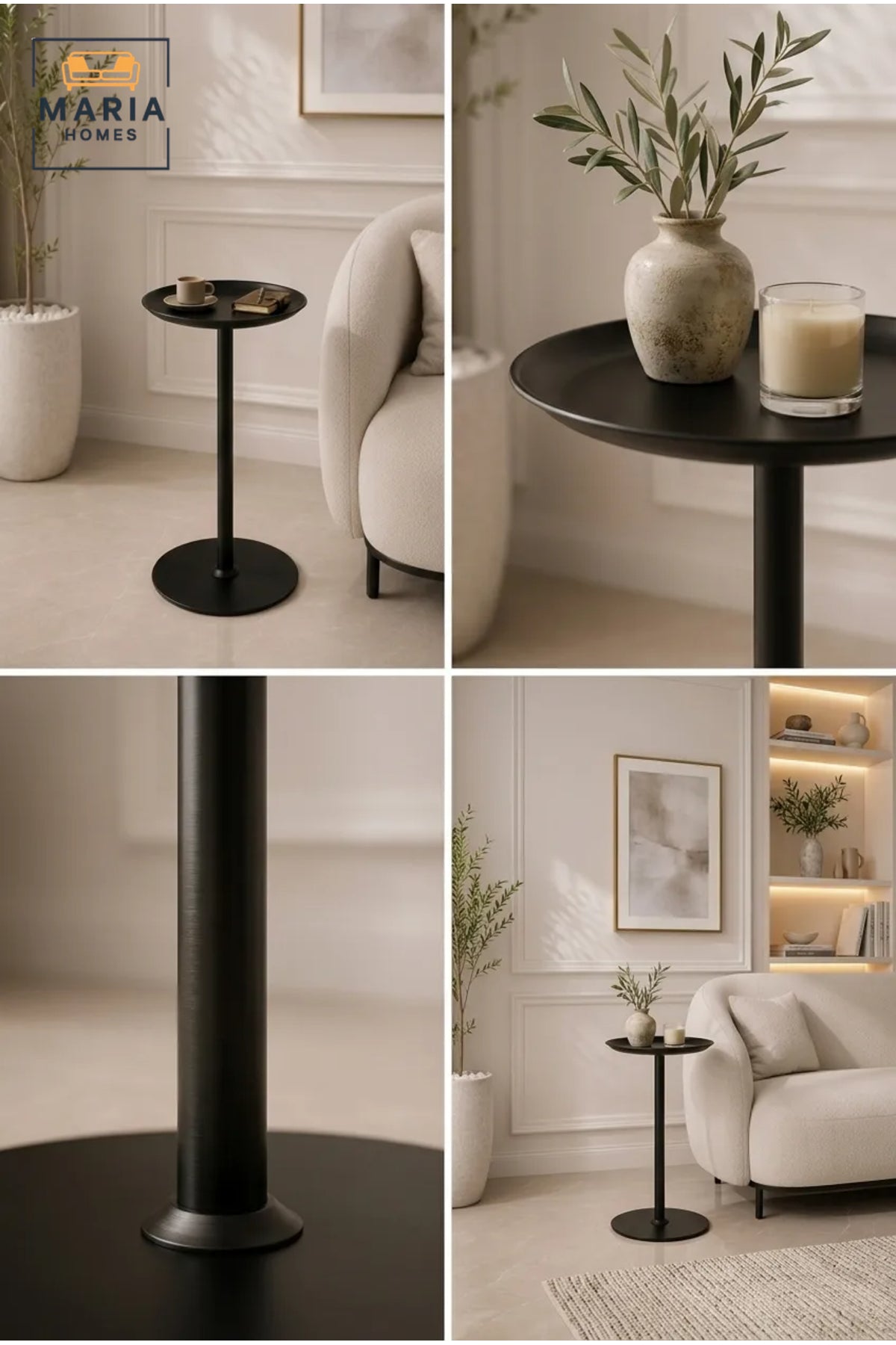 Modern Round Metal Side Table with Raised Tray Top and Pedestal Base