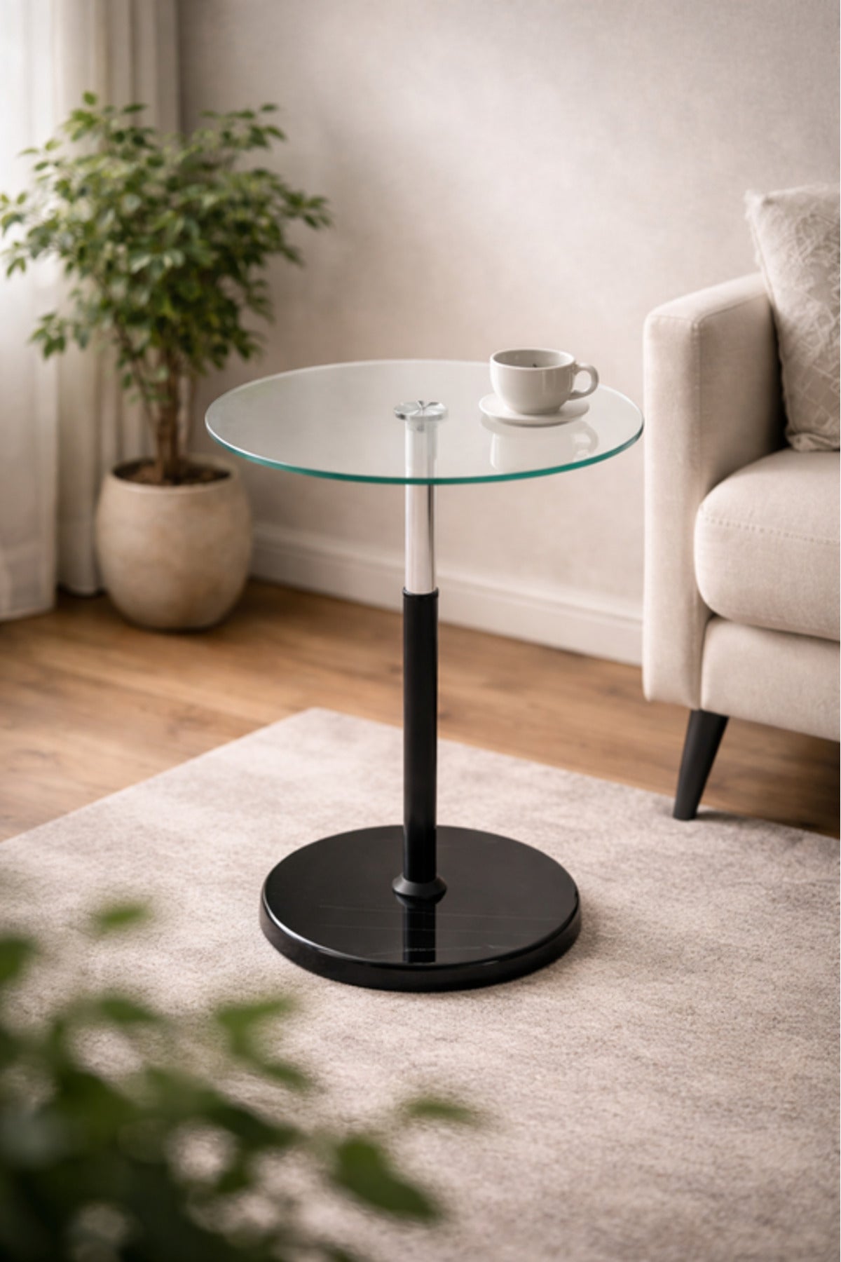 Round Glass Side Table with Black Base 35_35_56 cm Modern Accent round glass side