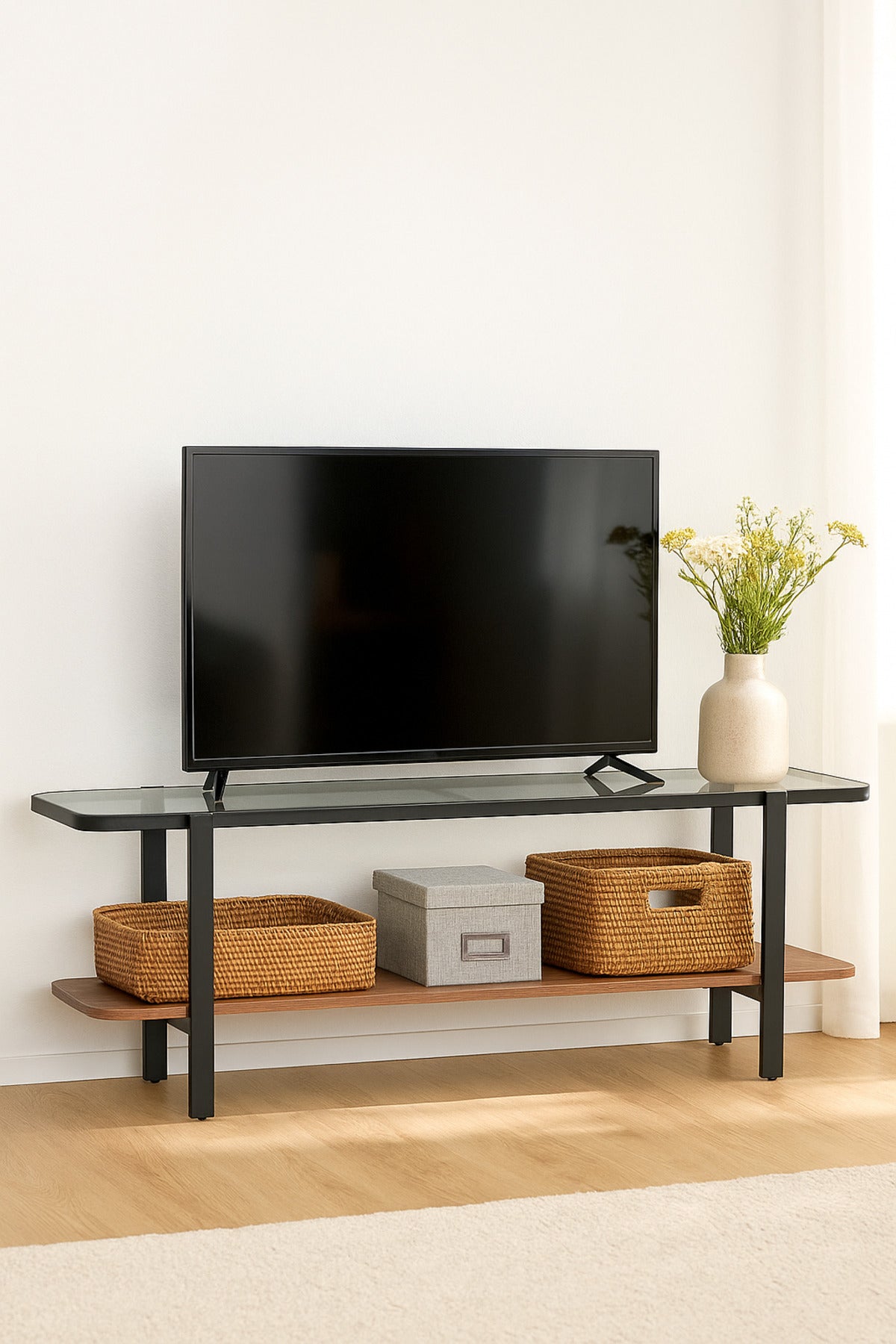 Modern Brown Glass Top TV Stand with Storage Shelf Ð 160_40_50 cm