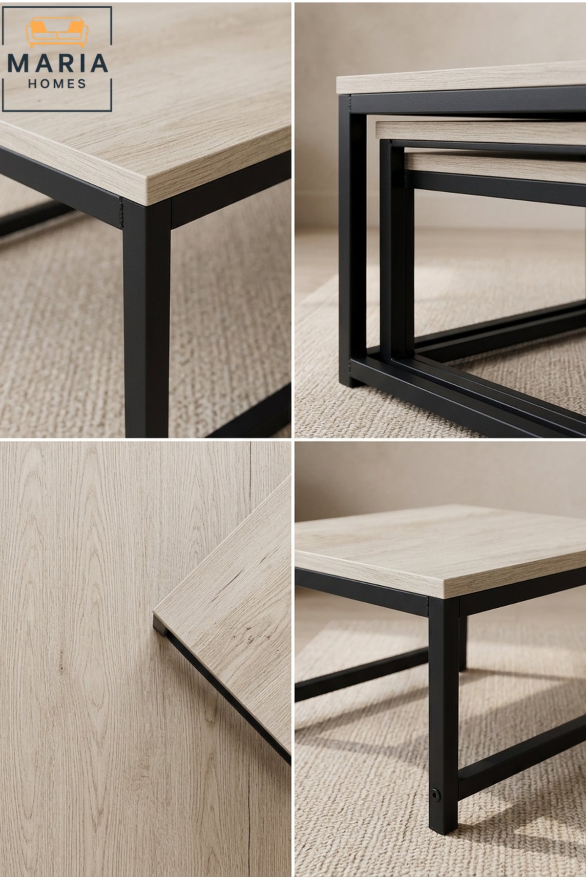 5-Piece Coffee Table Set with Side Tables √ê Modern Living Room Table Set, Light Wood Finish & Black Metal Frame