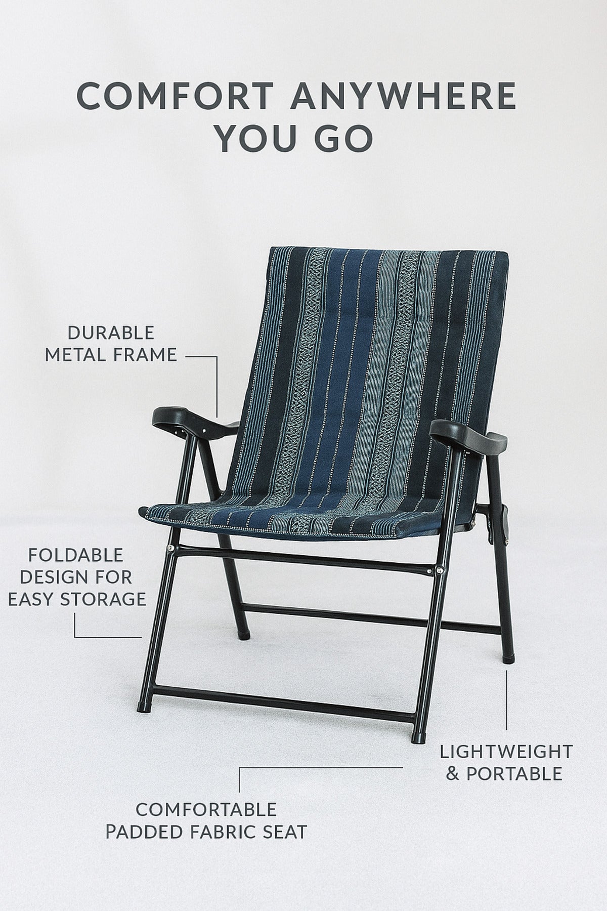 Blue Reclining Folding Chair Ð Comfortable Fabric Armchair with Metal Frame for Indoor & Outdoor Use