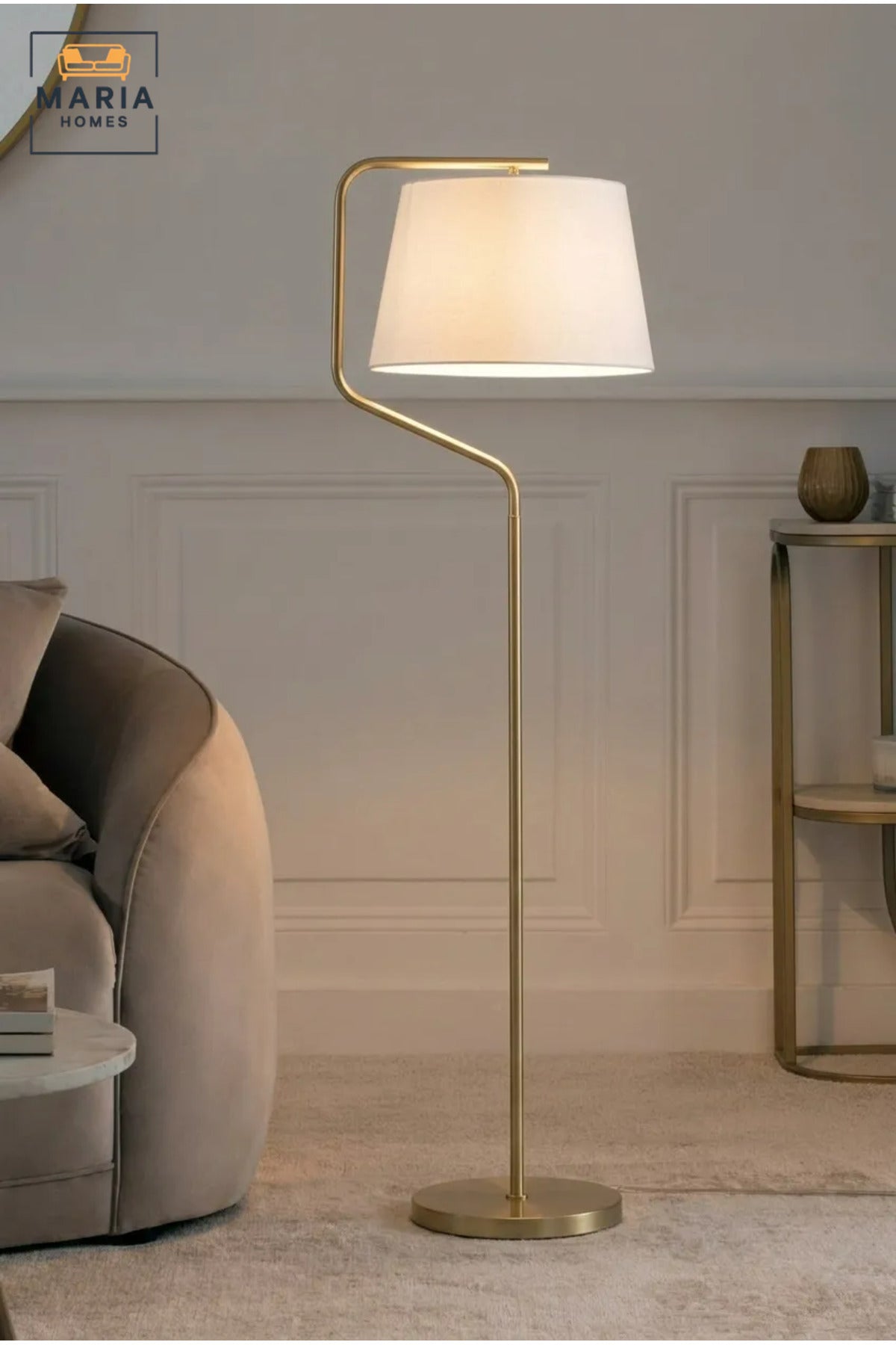 Modern Brass Floor Lamp with Fabric Drum Shade and Curved Frame, Elegant Standing Light for Living Room, Bedroom, Reading Corner and Home Office