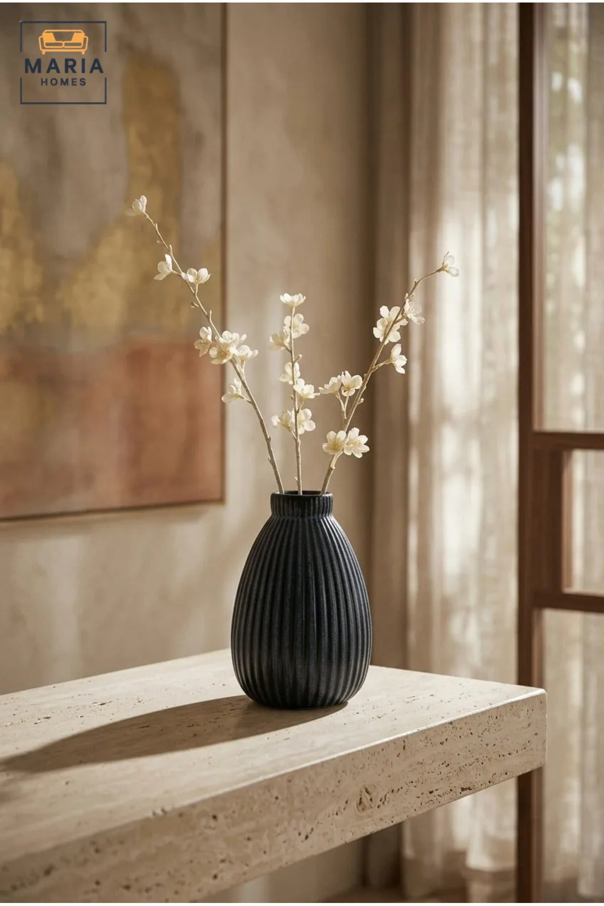 Blue Ribbed Decorative Vase, Modern Teardrop Flower Holder with Narrow Opening for Dried Flowers, Living Room, Bedroom, Office, Shelf and Table Décor