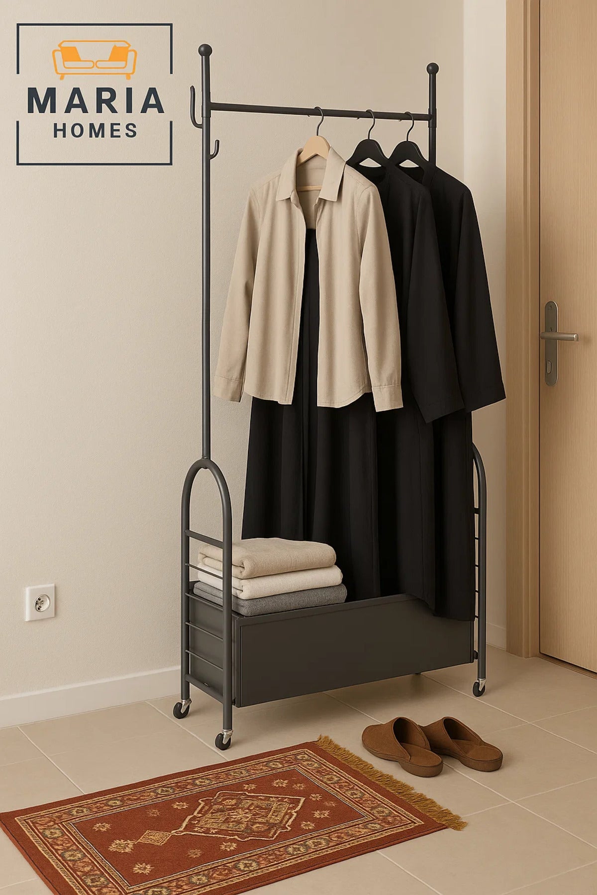Industrial Black Rolling Garment Stand with Storage Bin