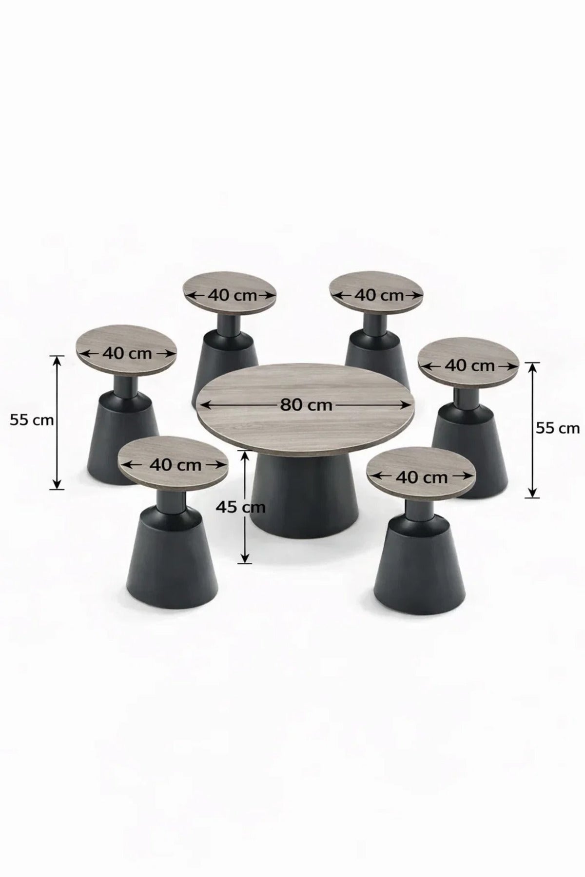 7-Piece Modern Round Coffee Table Set Dark Grey Wood Top Black Base Stylish Living Room Decor