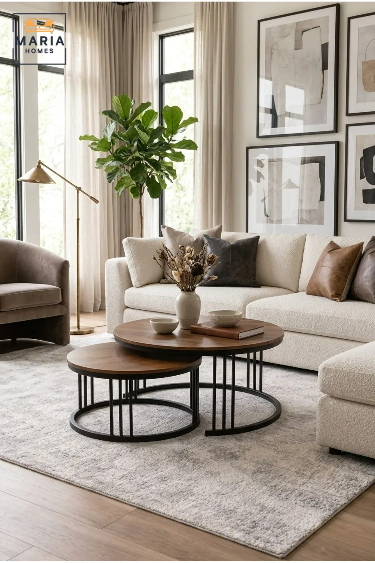 Modern Nesting Coffee Table Set with Round Wood-Effect Tops and Open Frames, Space-Saving Center Tables for Living Room, Lounge and Apartment