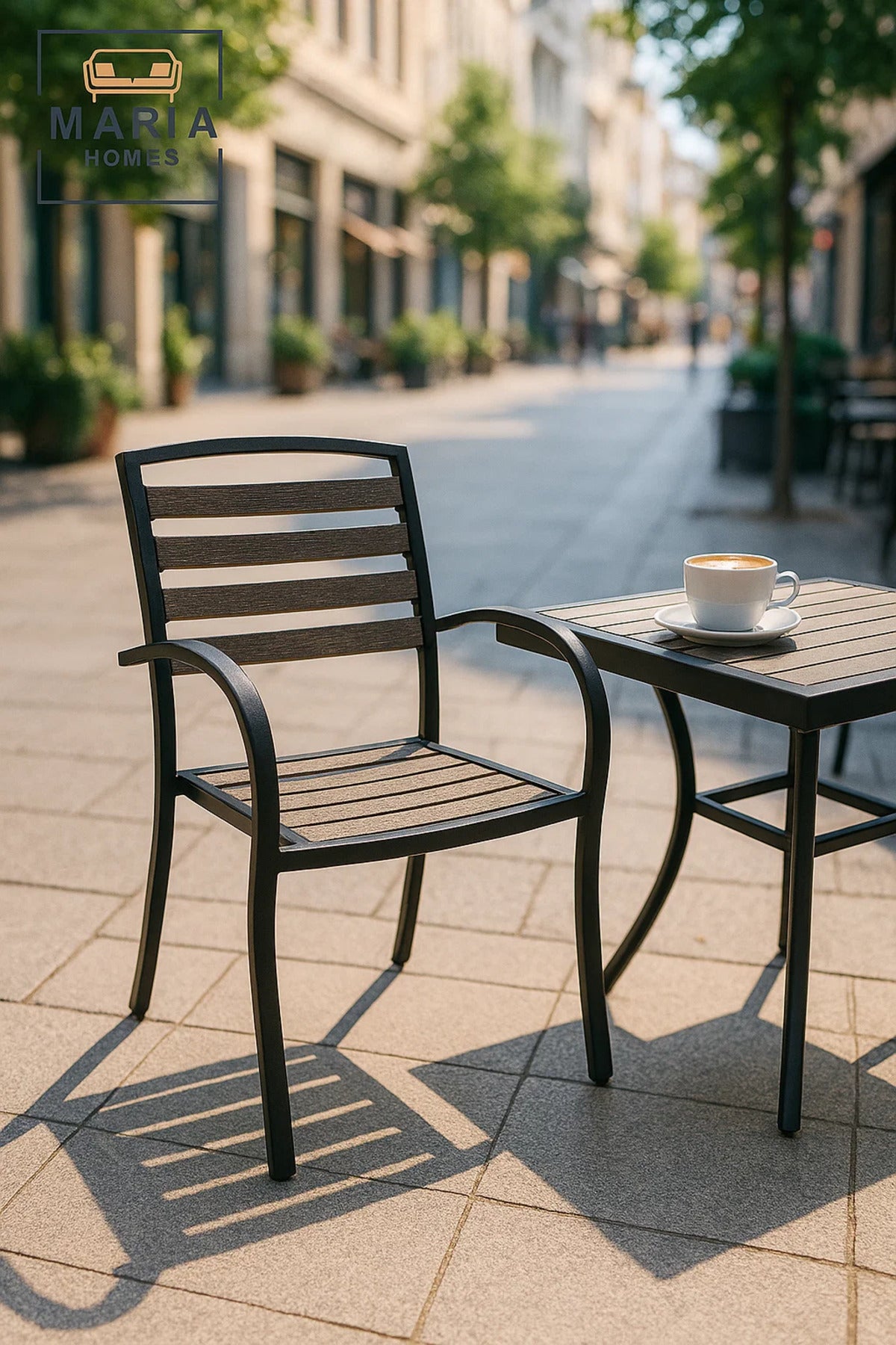 Brown & Black Outdoor Dining Chair Metal Frame Garden Patio Balcony Durable Modern Armchair