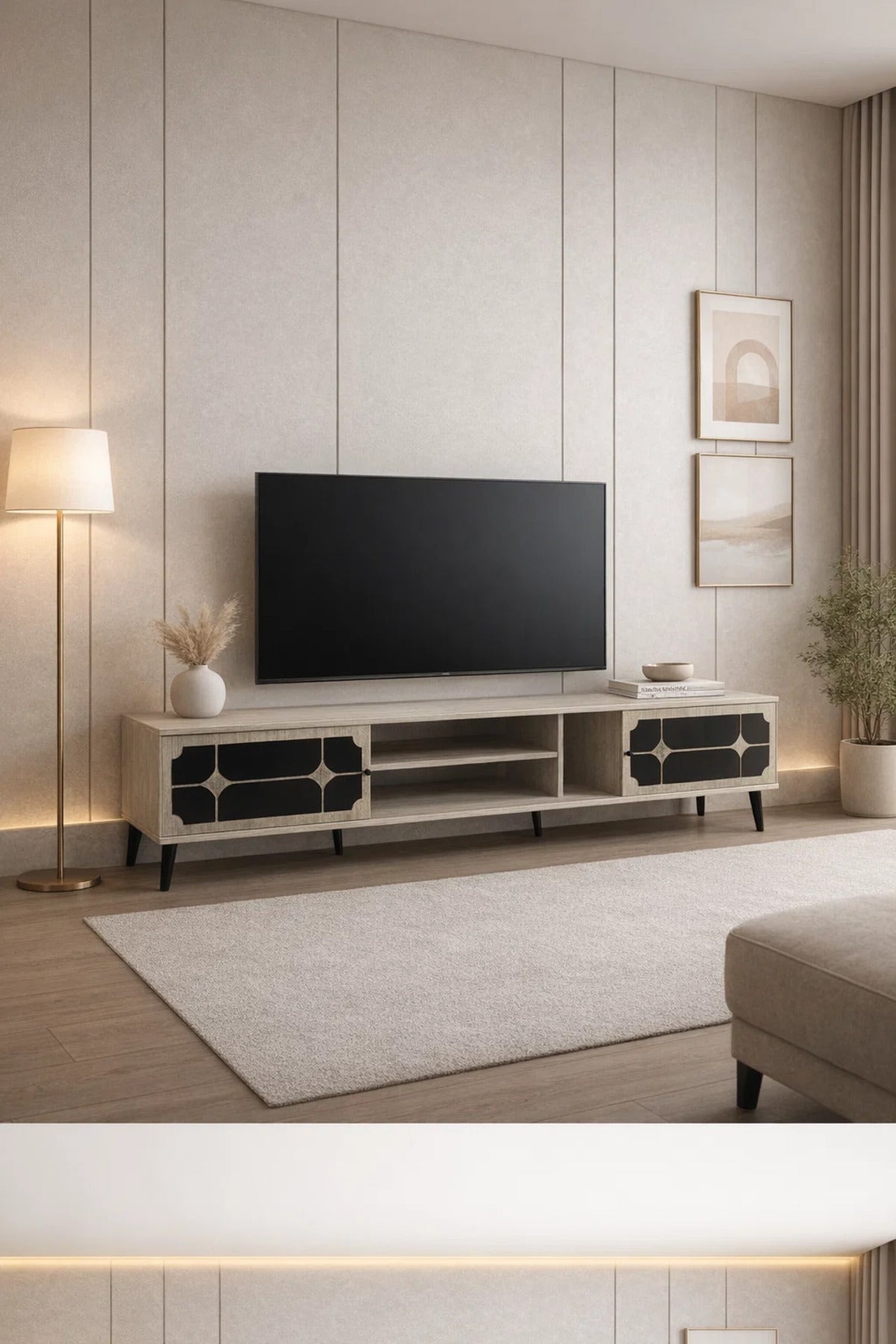 Stylish Beige TV Stand Console 200cm with Black Decorative Doors for Modern Home Living Room