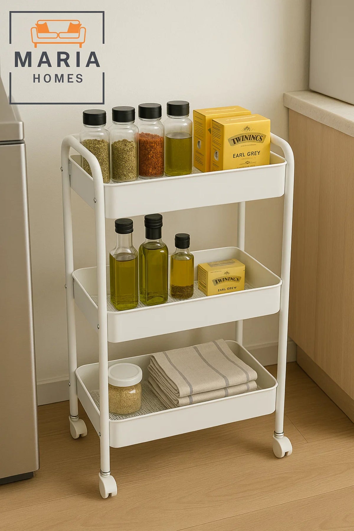 3-Tier White Rolling Kitchen Cart Organizer Ð Utility Storage Rack for Oils, Spices & Tea Supplies