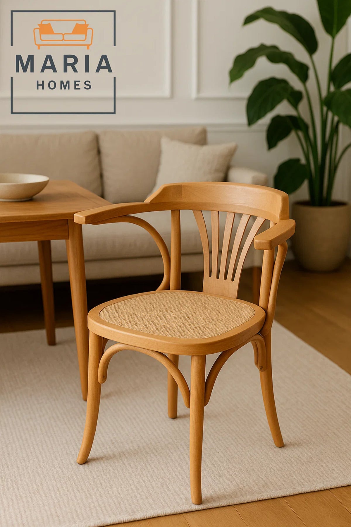 Natural Wooden Armchair with Cane Seat Ð Vintage-Style Curved Back Dining Chair for Home or CafŽ