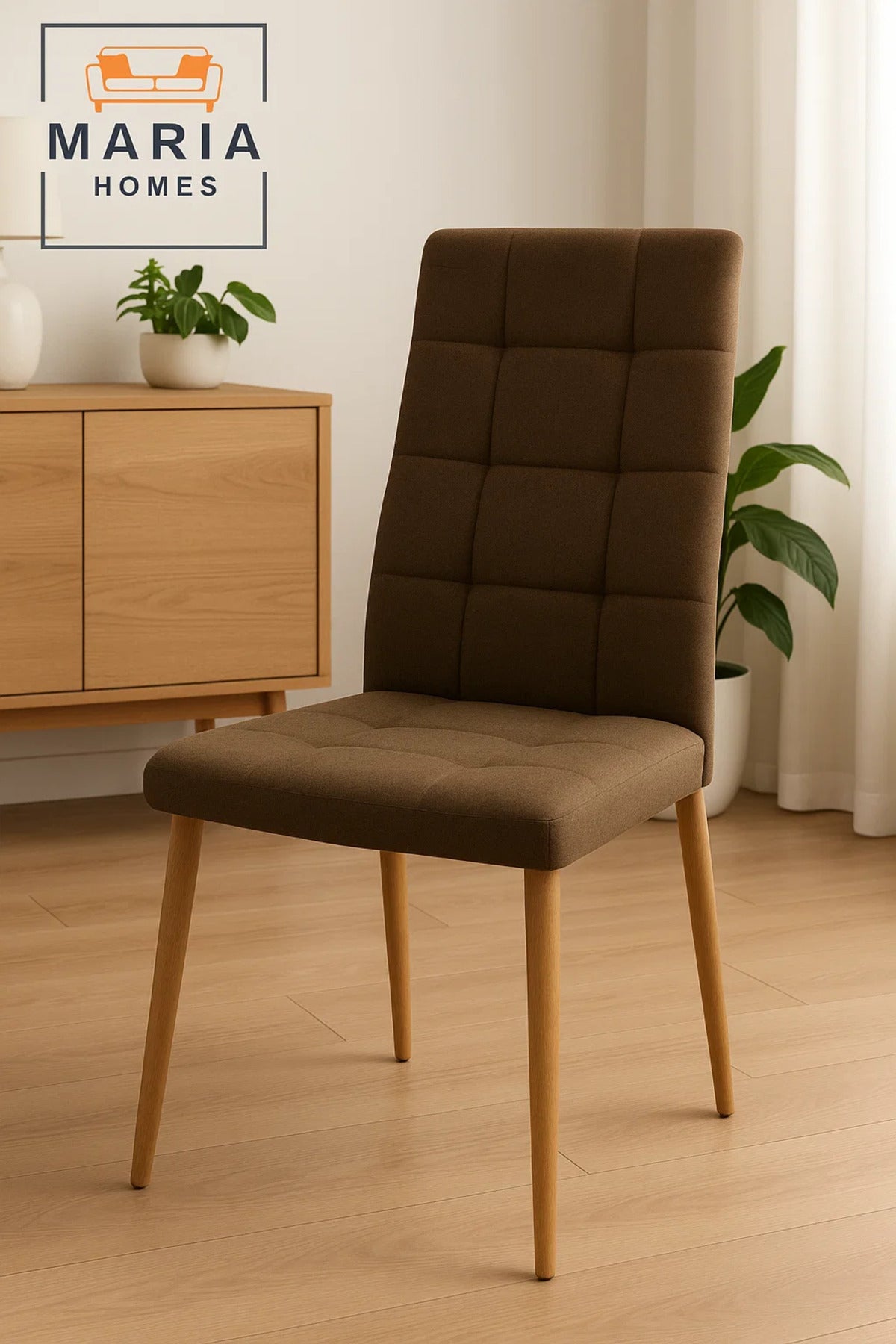 High Back Brown Fabric Dining Chair Ð Padded Upholstery with Wood Legs for Home or Restaurant Use
