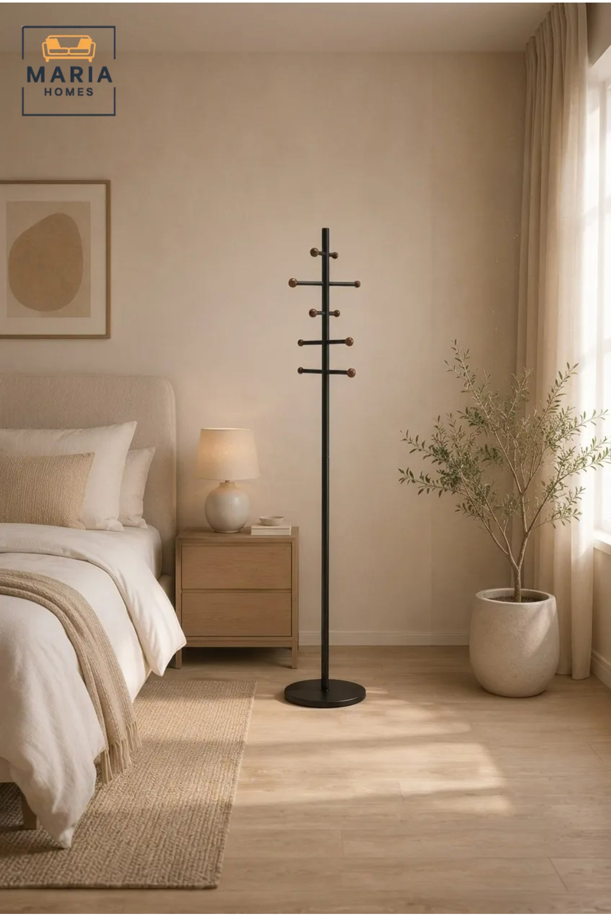Modern Black Coat Rack with Wooden Accent Hooks Ð Freestanding Clothes Stand, Entryway Organizer & Coat Tree