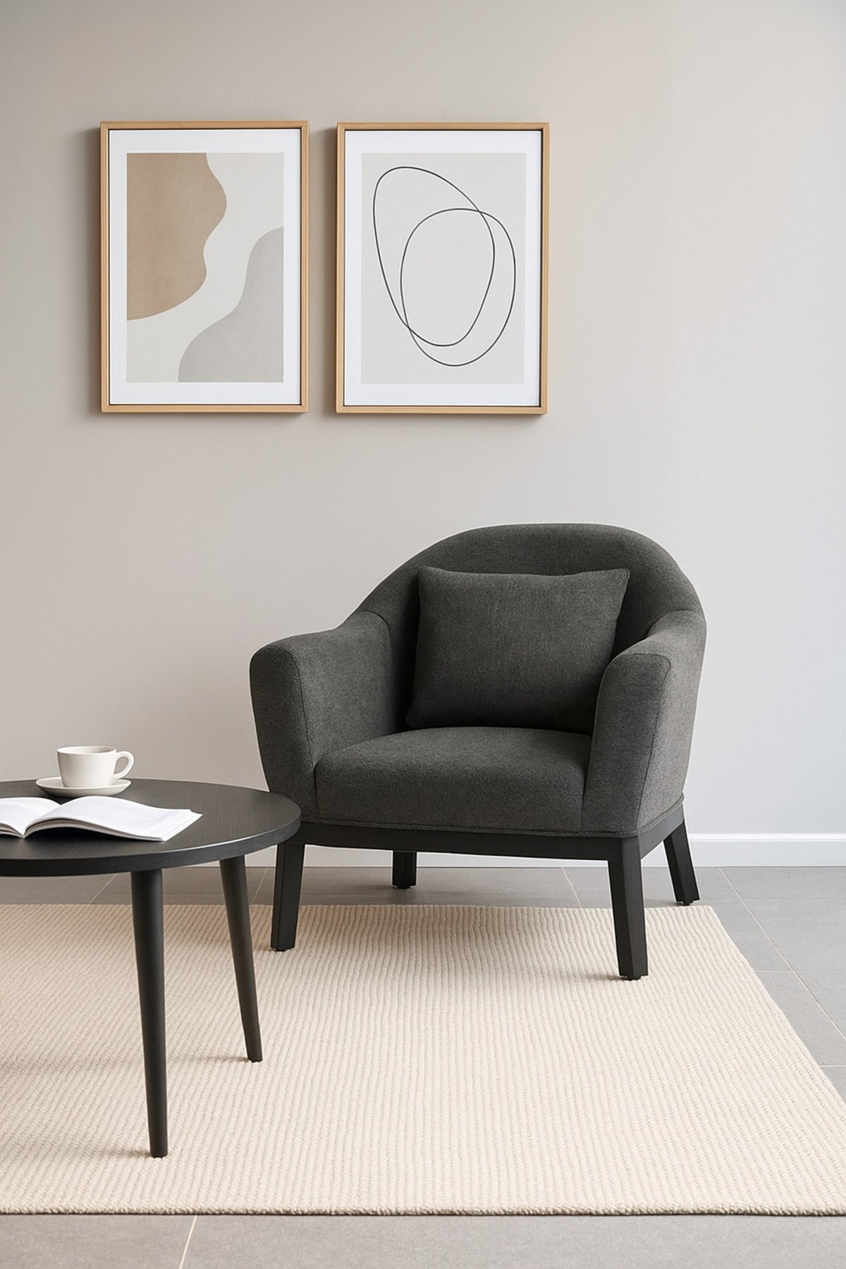 Dark Gray Fabric Armchair Ð Modern Single Seater Lounge Chair with Cushion for Living Room & Office