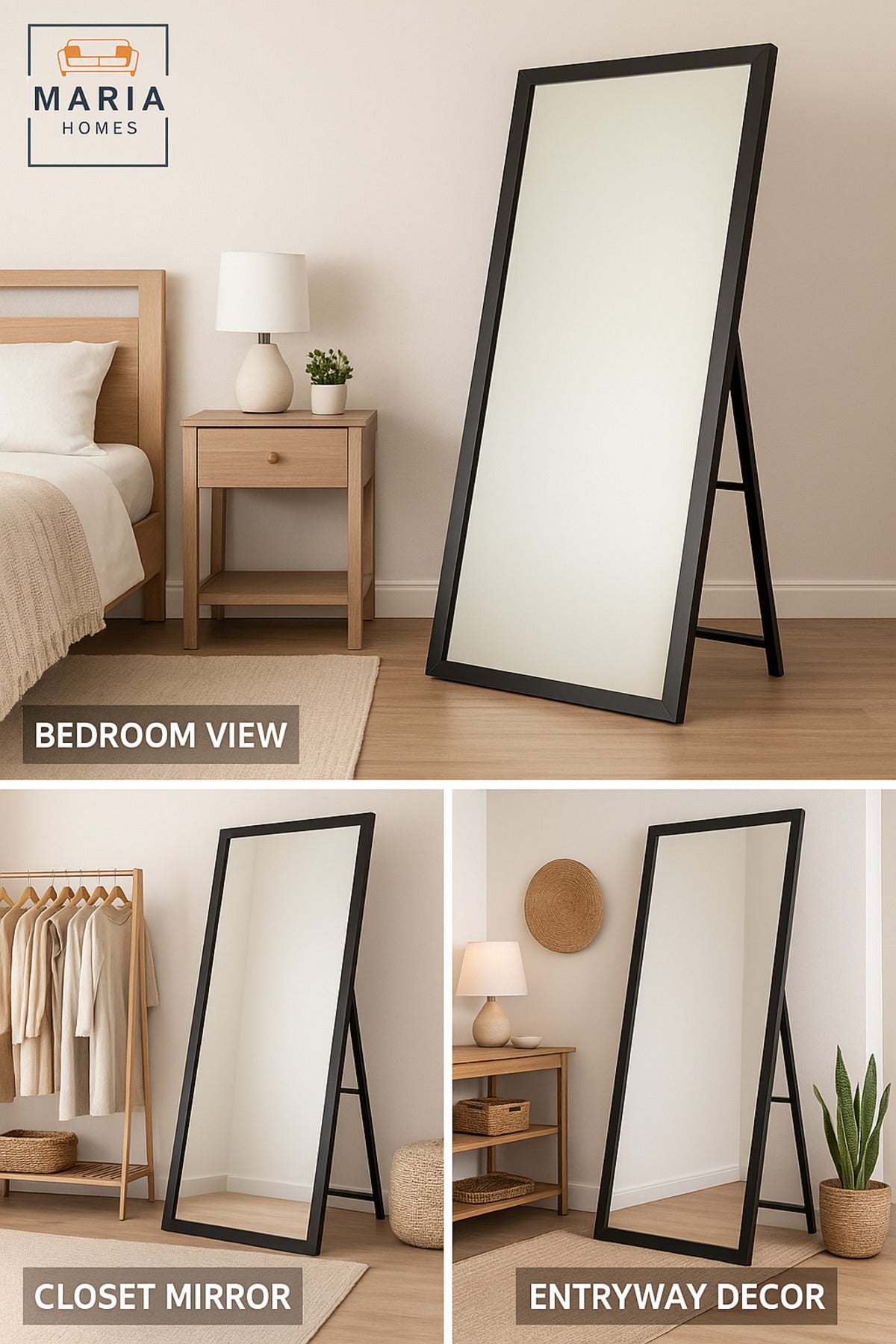 Modern Full-Length Standing Mirror Ð Black Frame, 165x65 cm