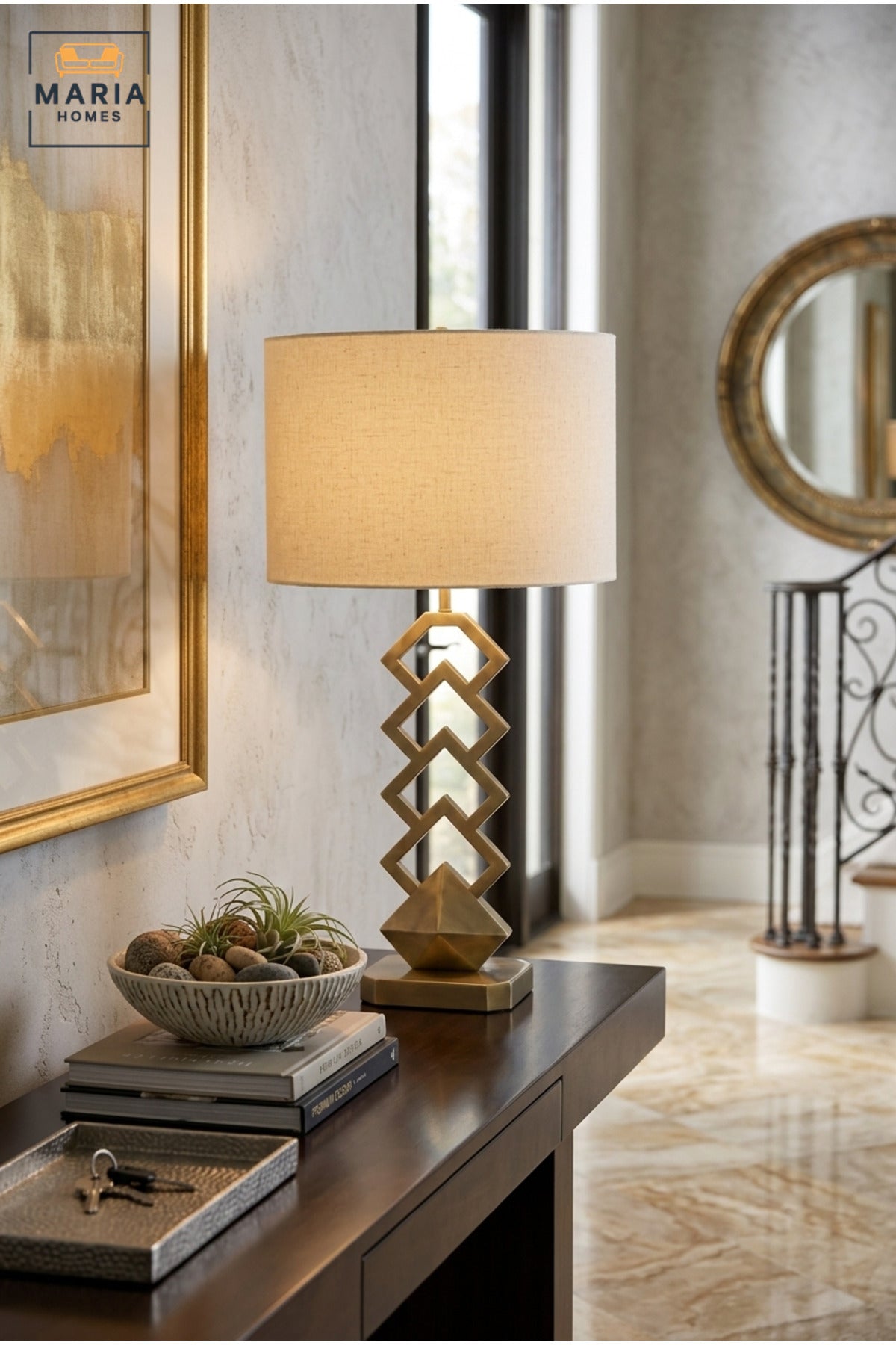 Modern Geometric Gold Table Lamp with White Drum Fabric Shade and Open Sculptural Base for Bedroom, Living Room, Office, Hotel and Bedside Décor