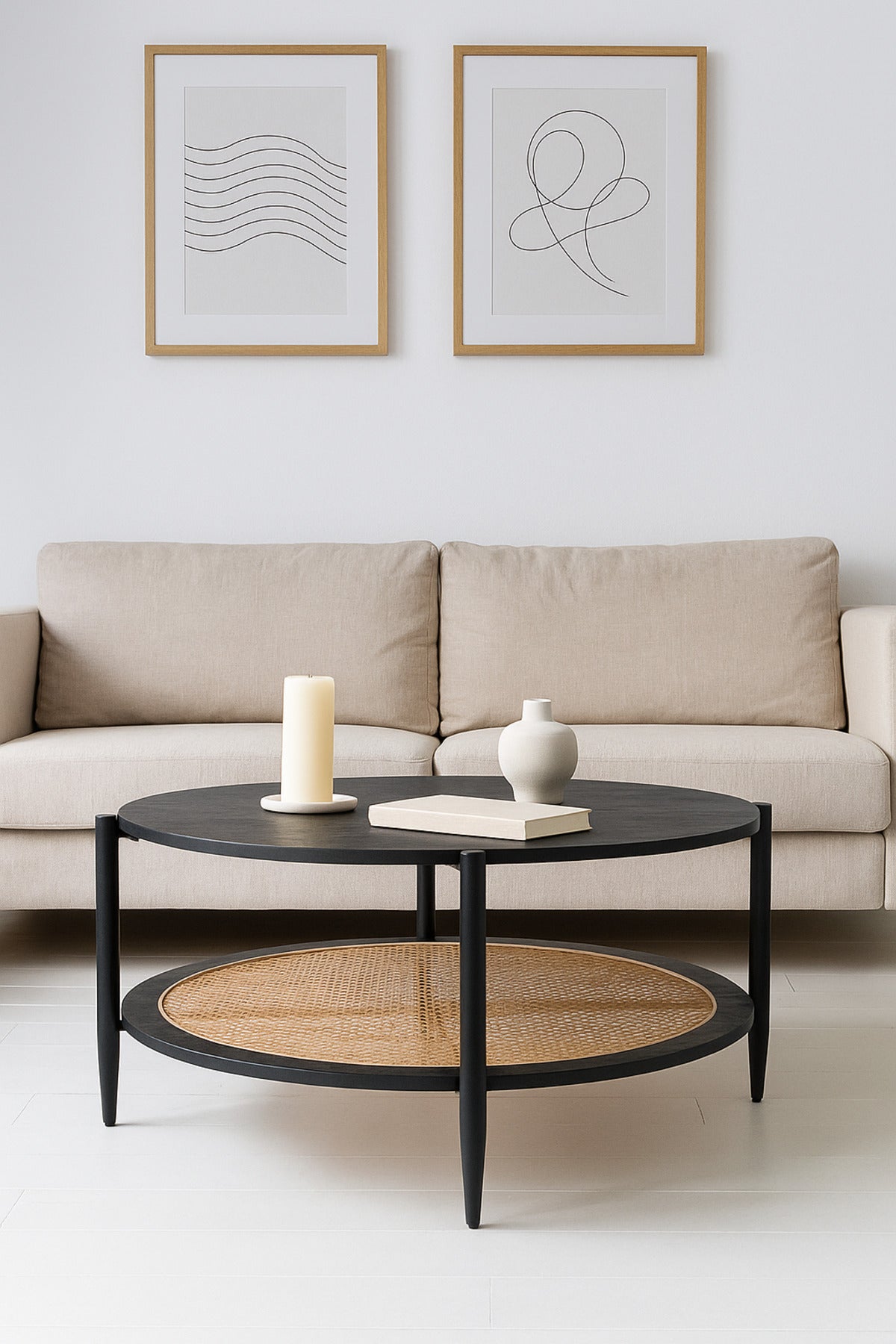 Round Black Coffee Table with Rattan Shelf Ð Modern Wooden Center Table for Living Room 100_45 cm