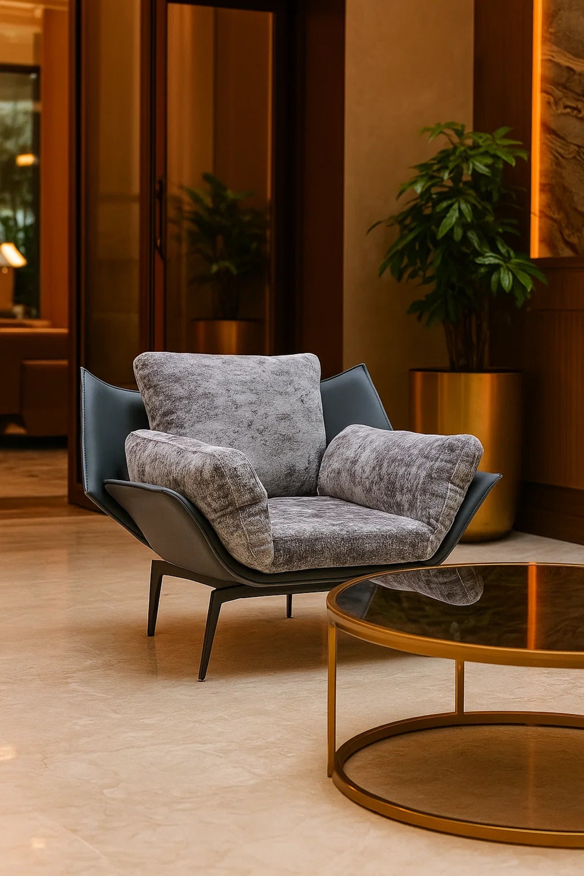 Grey Velvet & Leather Lounge Chair | Luxury Armchair for Living Room, Bedroom & Office DŽcor