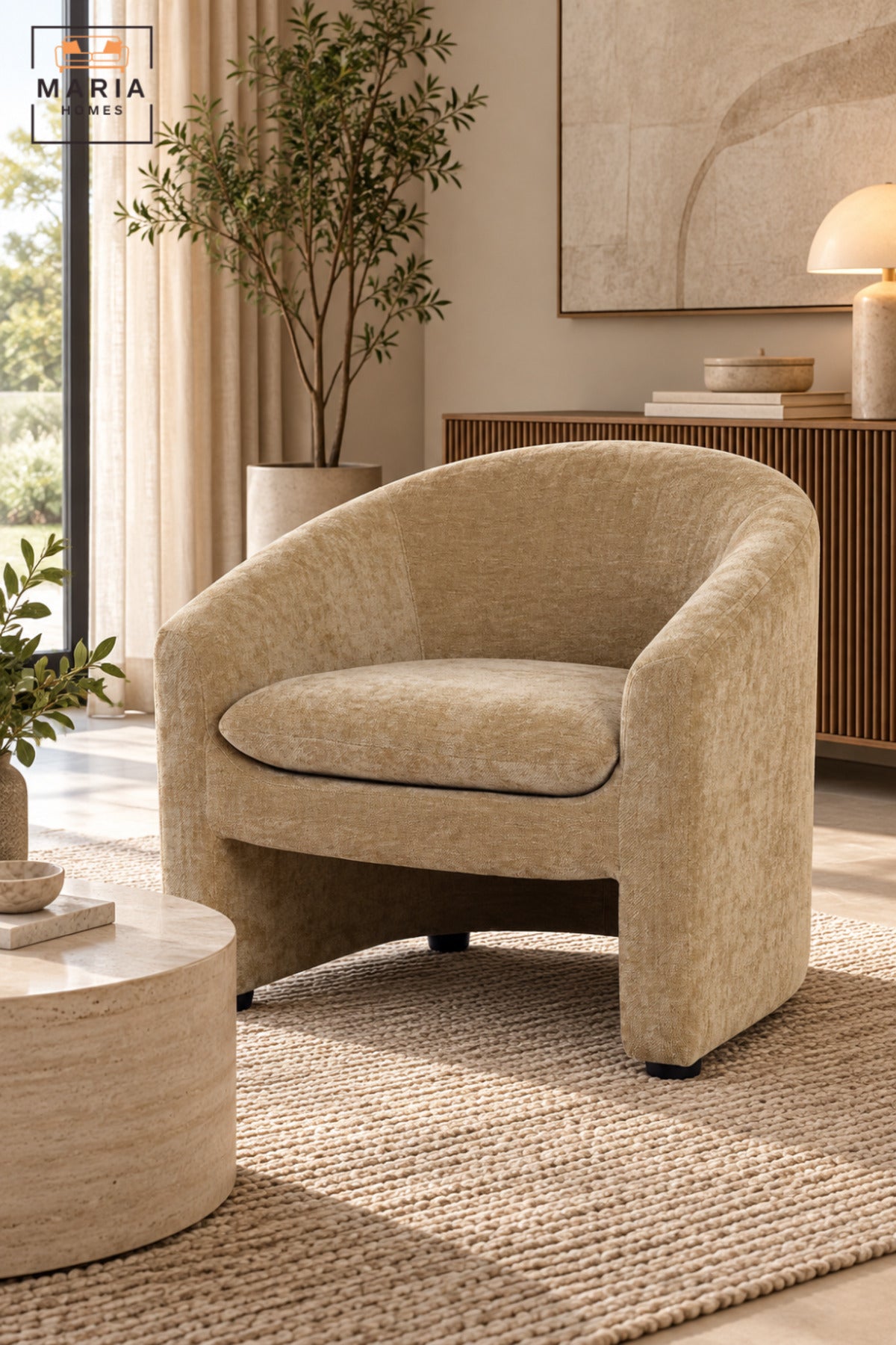 Modern Beige Fabric Accent Chair with Curved Backrest, Cushioned Seat and Integrated Armrests for Living Room, Bedroom, Lounge & Reception
