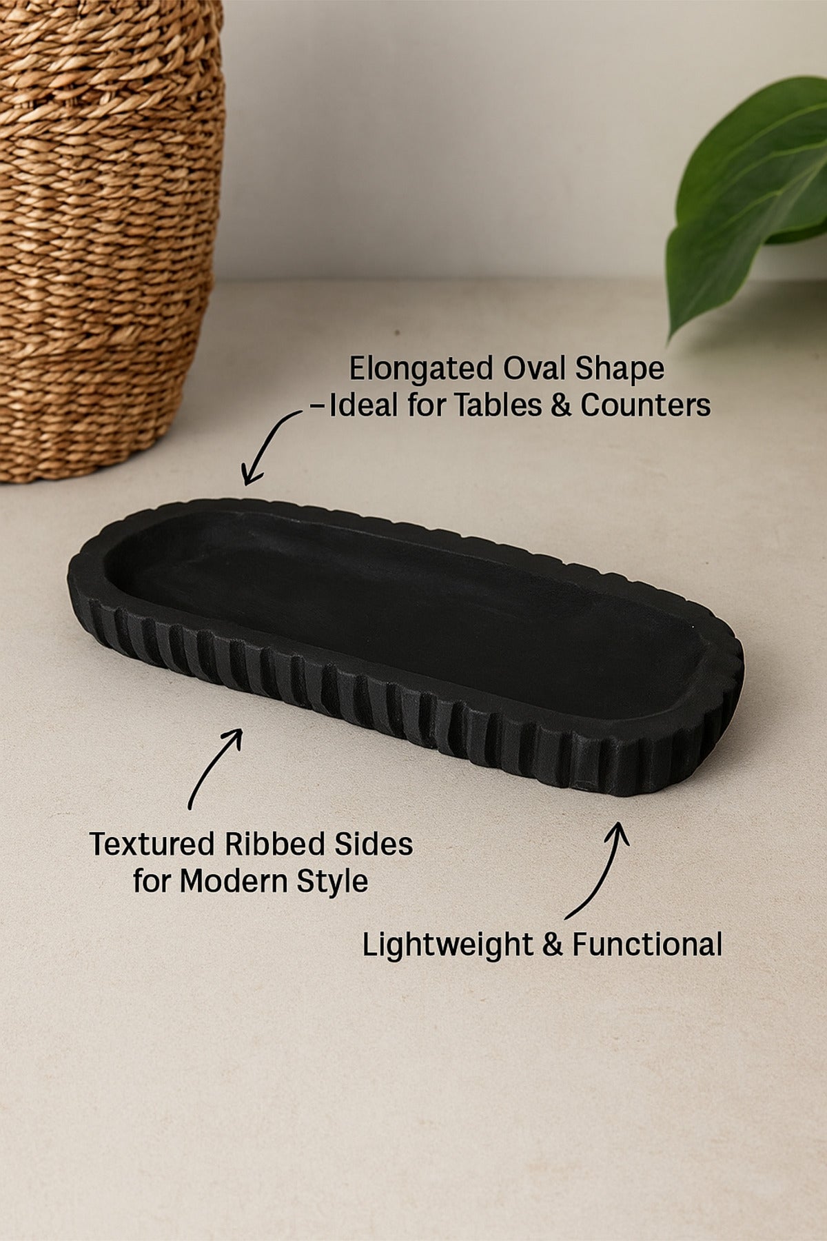 Black Wooden Ribbed Decorative Tray Ð Modern Long Table Centerpiece