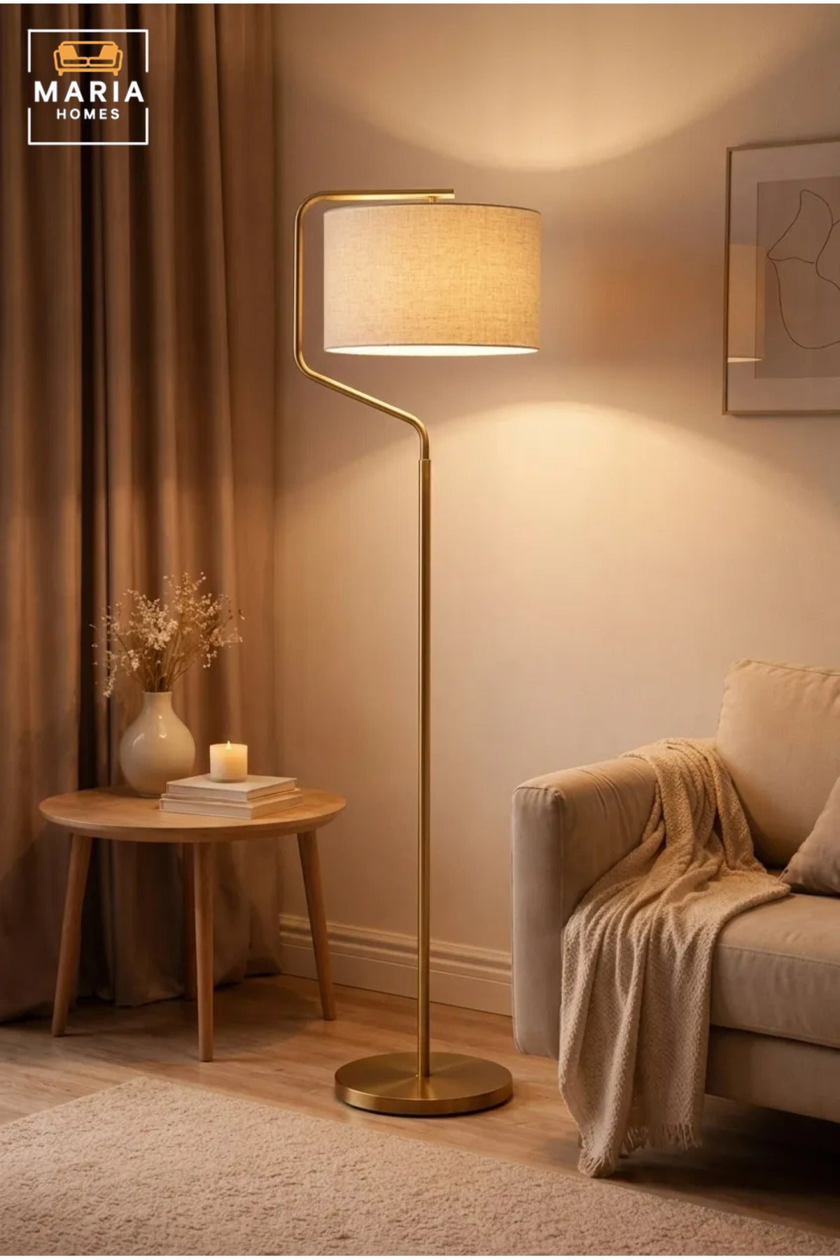 Modern Brass Floor Lamp with Fabric Drum Shade and Curved Frame, Elegant Standing Light for Living Room, Bedroom, Reading Corner and Home Office