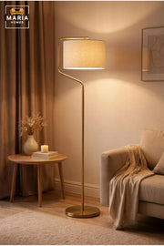 Modern Brass Floor Lamp with Fabric Drum Shade and Curved Frame, Elegant Standing Light for Living Room, Bedroom, Reading Corner and Home Office