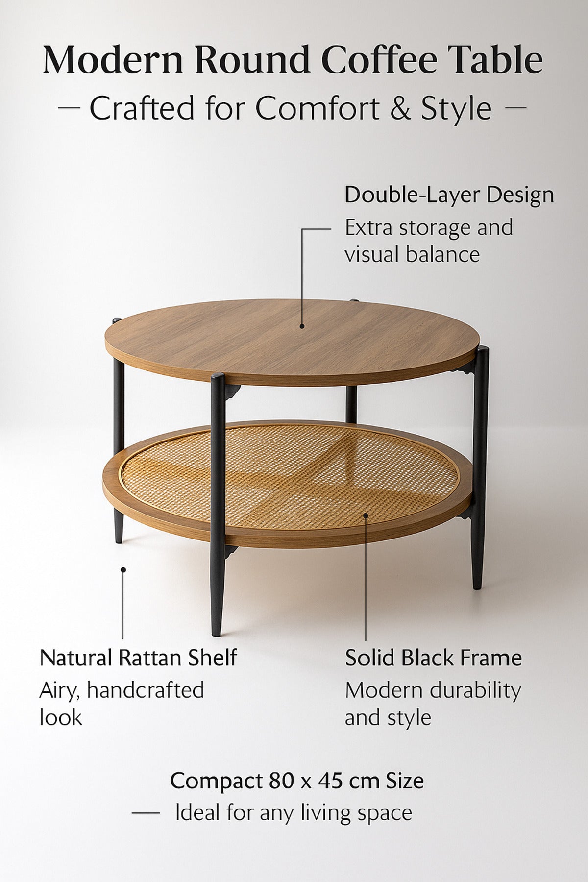 Round Brown Coffee Table with Rattan Shelf Ð Modern Wooden Center Table for Living Room 80_45 cm
