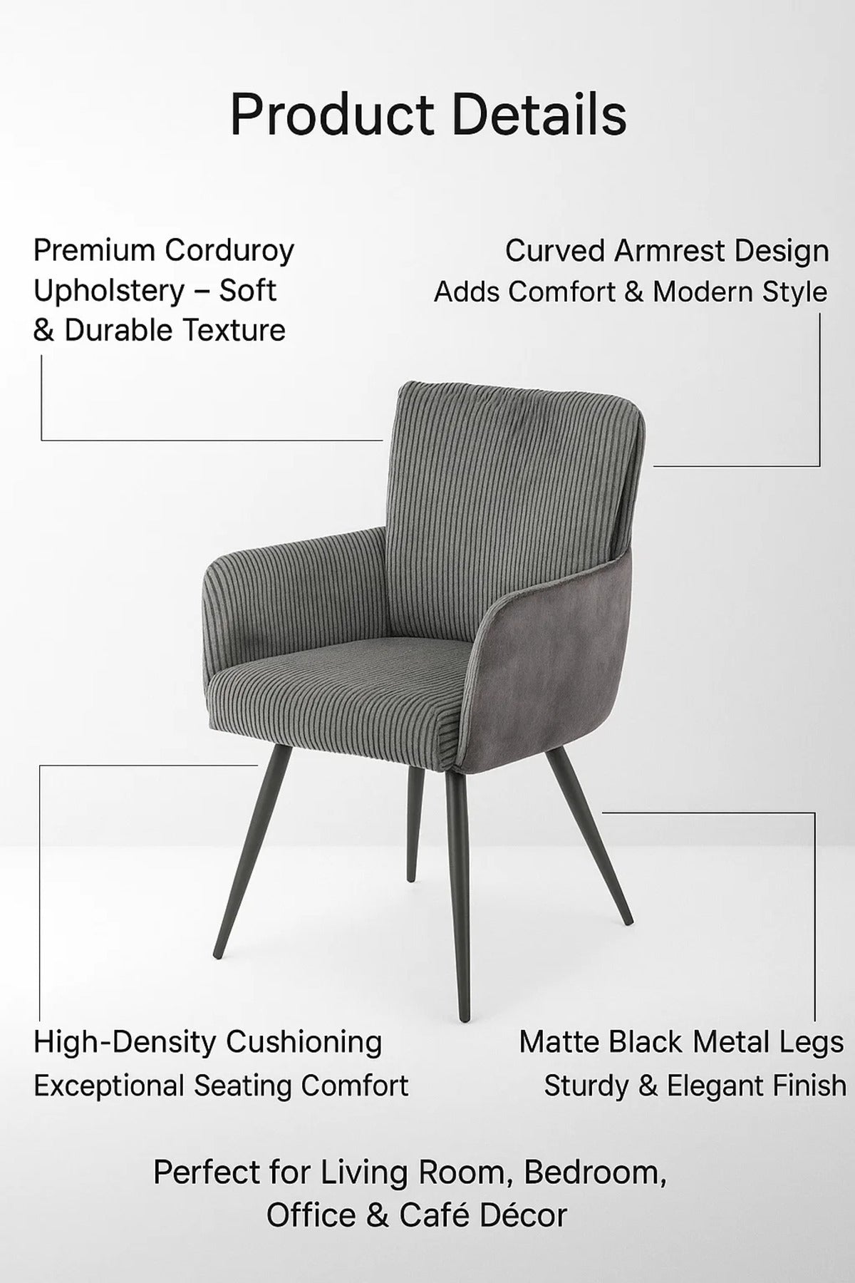 Comfortable Dark Grey Chair with Metal Legs, Modern Fabric Armchair for Home, Office & Living Room