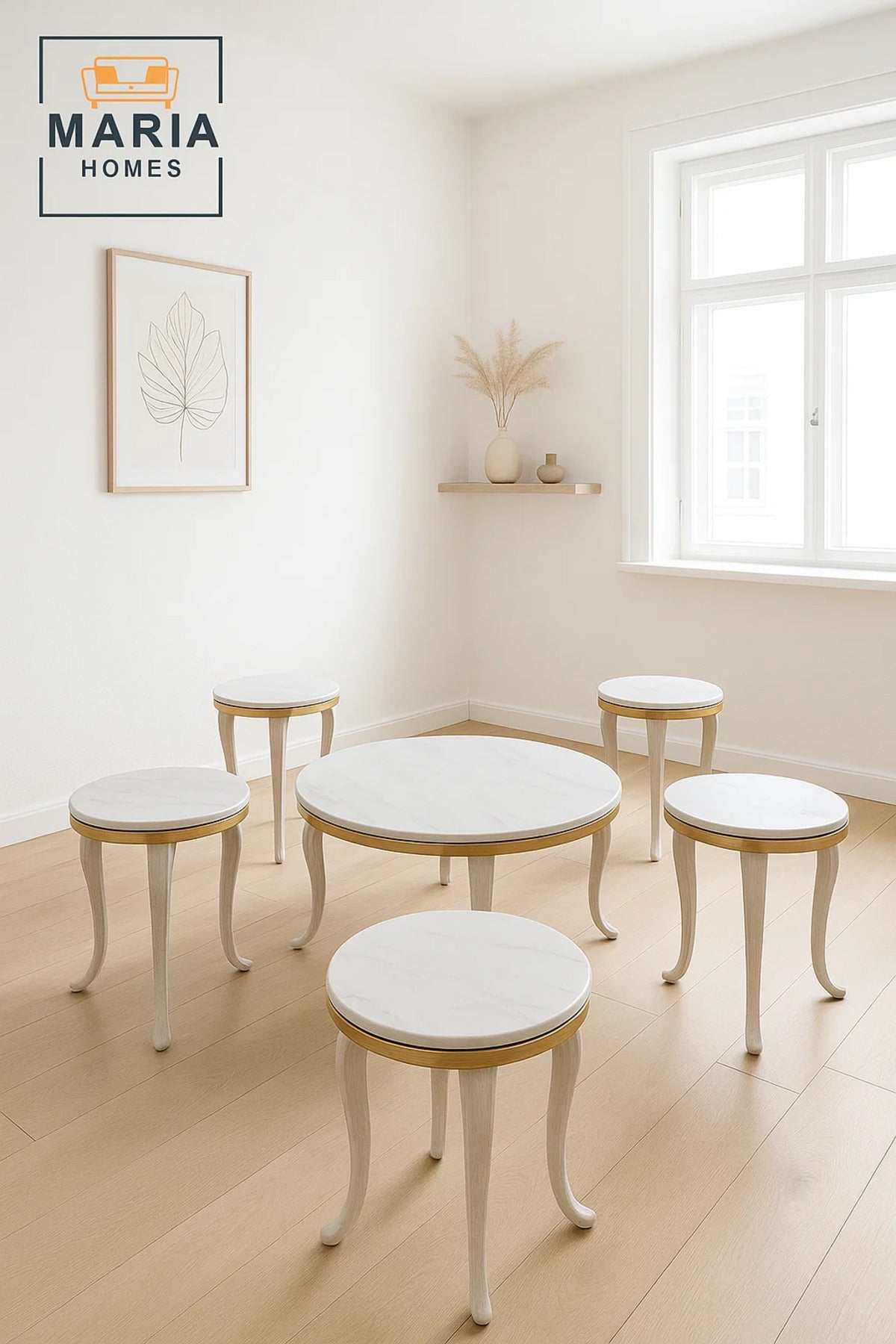 Ceramic Marble Tea Table Set 1+4 – Round Coffee Table and Side Tables 90×90×45 / 45×45×55