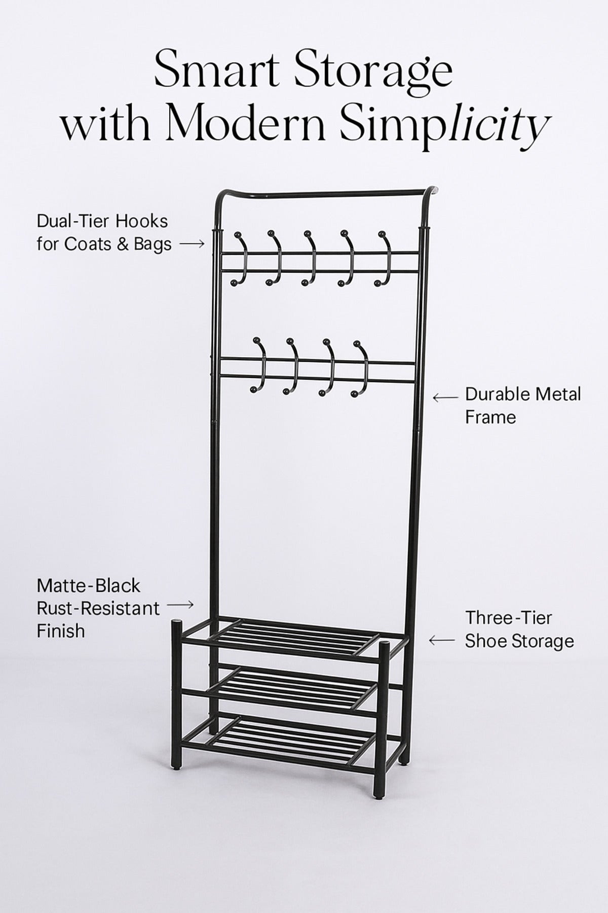 Metal Coat Rack with Hooks and Shoe Storage Ð Black 64_28_190 cm