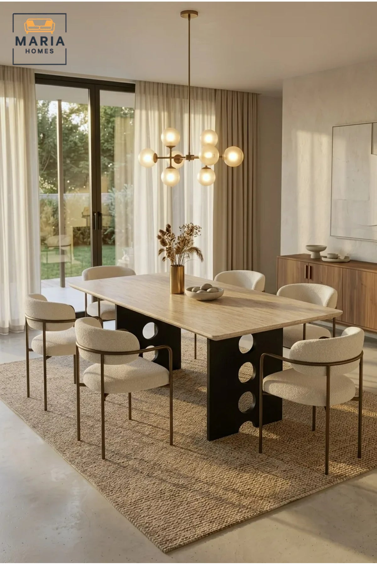 Large Rectangular Dining Table with Wooden Top and Decorative Cut-Out Base, Modern Table for Dining Room, Kitchen, Café and Restaurant