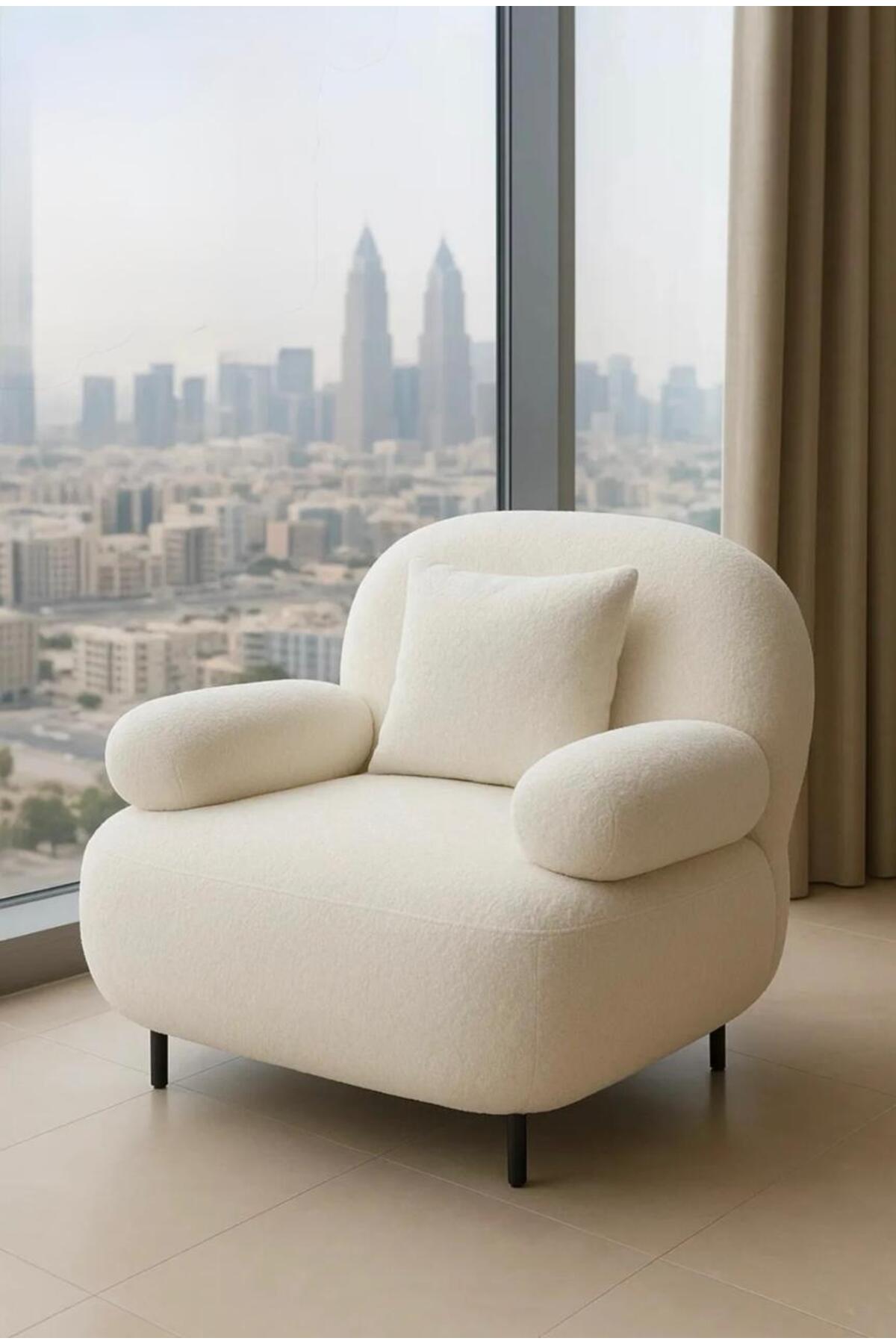Modern White BouclŽ Lounge Chair with Pillow & Cushioned Armrests Ð Cozy Accent Seating