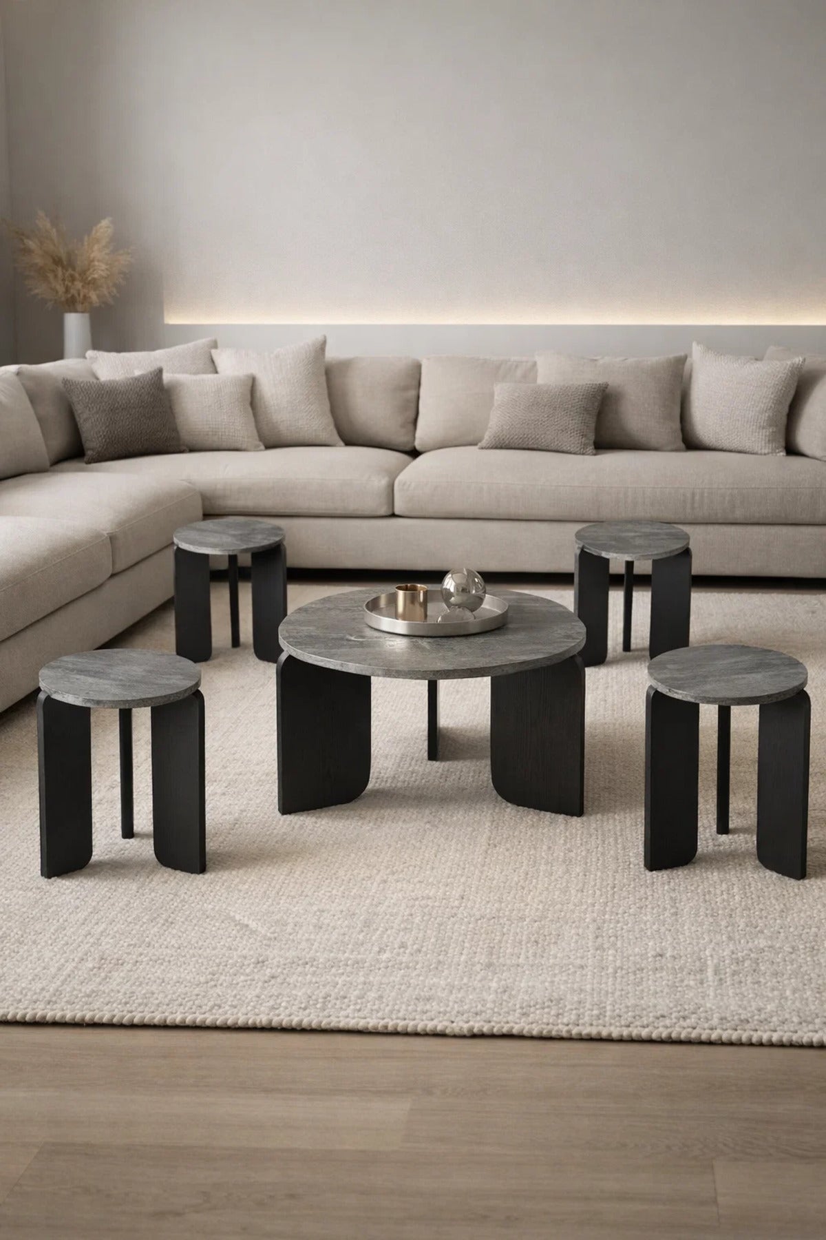 Luxury 5-Piece Nesting Coffee Table Set Grey Concrete Look Top Black Base Modern Living Room Decor