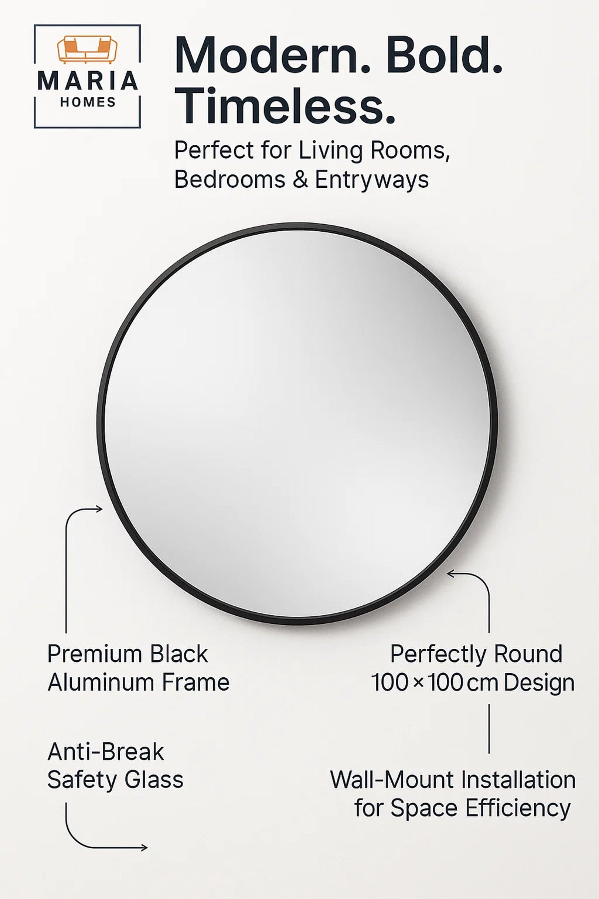 Round Black Frame Wall Mirror for Bathroom, Bedroom, Vanity & Living Room D≈Ωcor 100x100