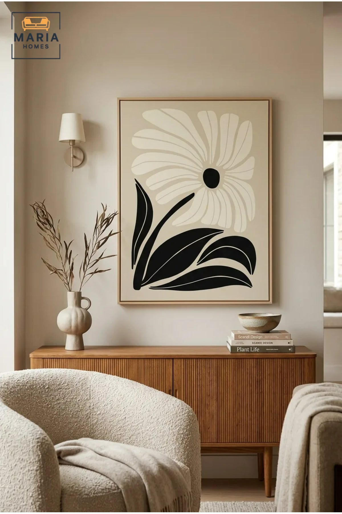 Modern Floral Wall Art with Slim Gold Frame, Black and White Botanical Canvas Print for Living Room, Bedroom, Hallway and Office Décor
